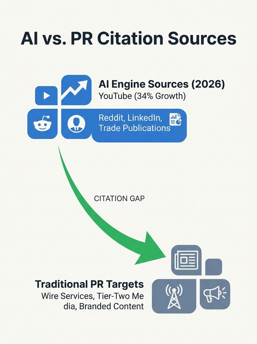 Infographic comparing the sources cited by AI engines in 2026 (YouTube at 34% growth, Reddit and LinkedIn as top-cited platforms, trade publications) versus the sources targeted by traditional PR camp