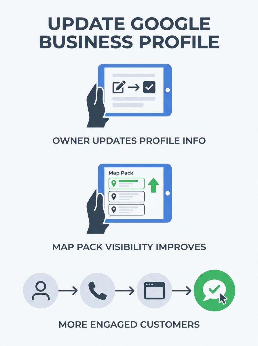 Small business owner updating Google Business Profile on tablet with map pack results visible on screen