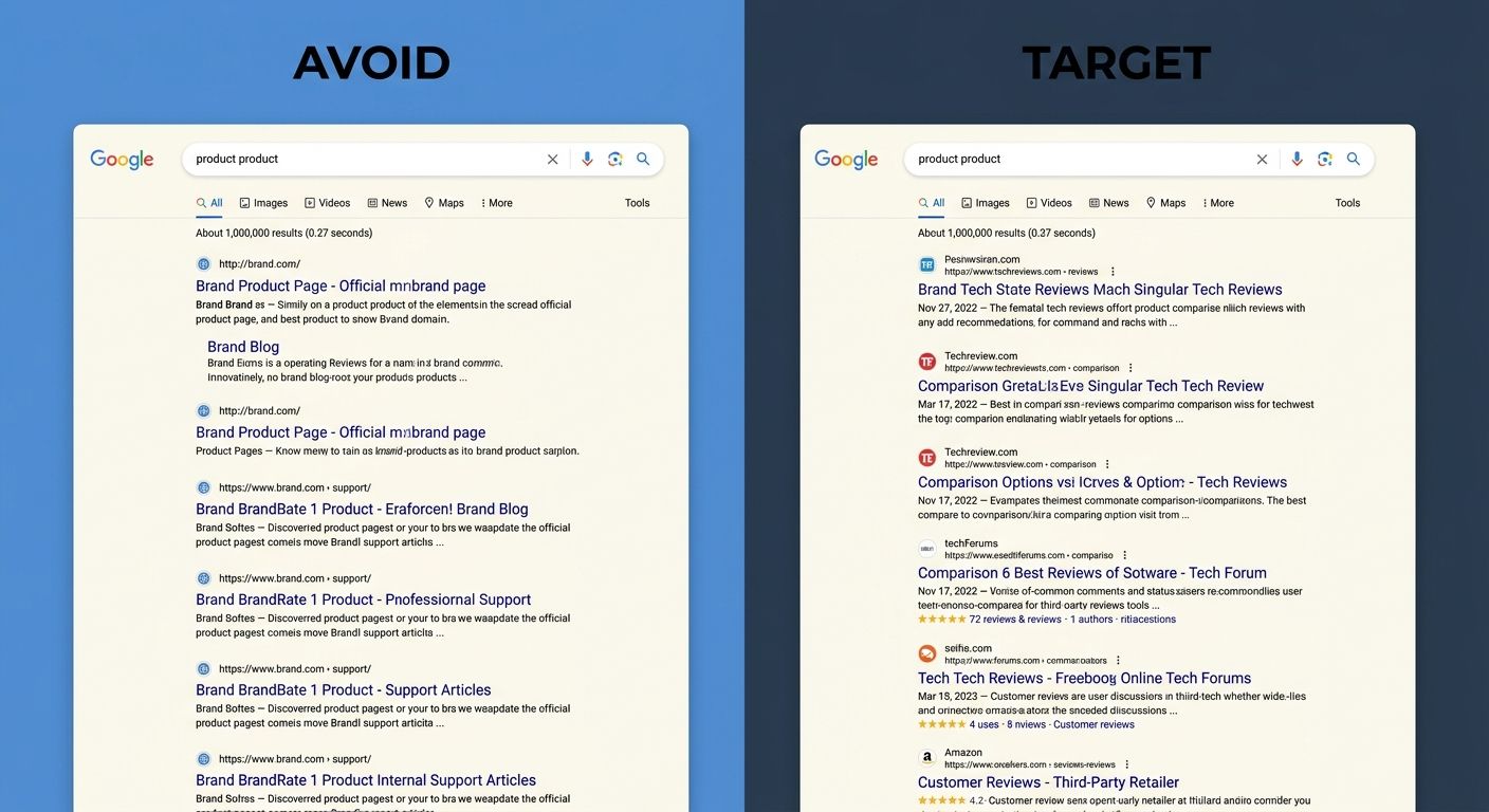 A split-screen comparison showing two SERPs side by side — one dominated by brand-owned results (labeled "Avoid") and one showing diverse third-party results including review sites and comparison arti