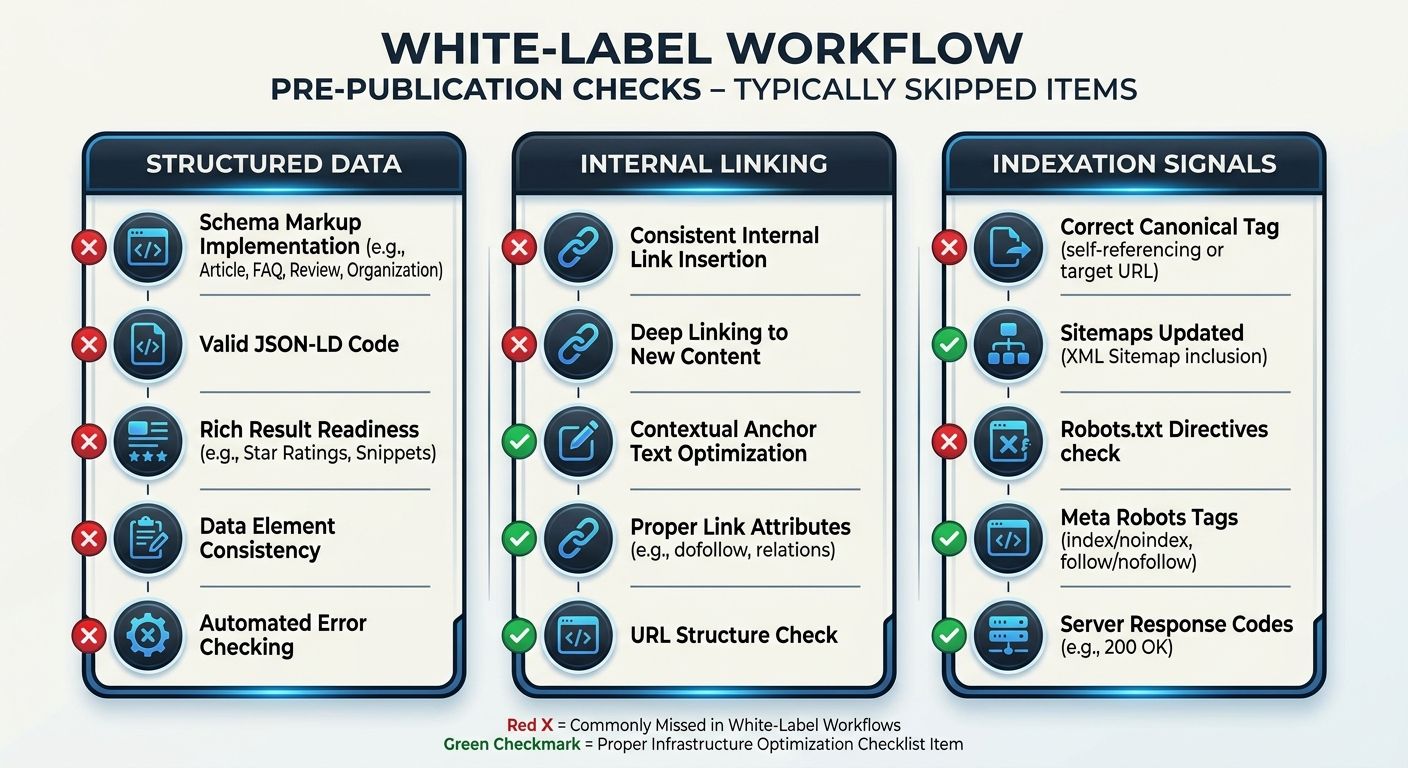 An infographic showing three columns — Structured Data, Internal Linking, and Indexation Signals — each listing 4-5 specific pre-publication checks that white-label workflows typically skip, with red 