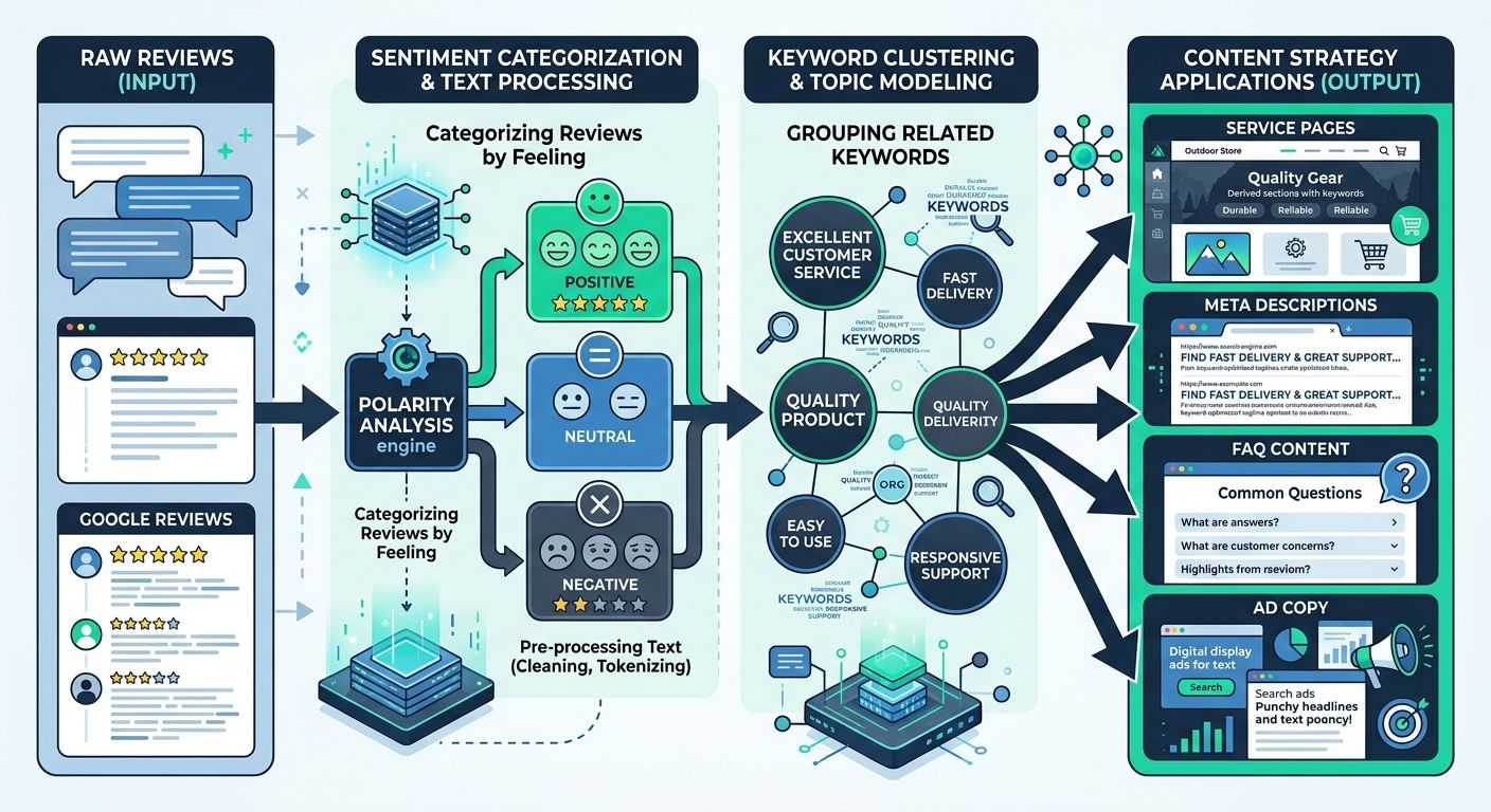 An infographic showing the review keyword extraction process - starting with raw Google reviews on the left, flowing through sentiment categorization and keyword clustering in the middle, and ending w