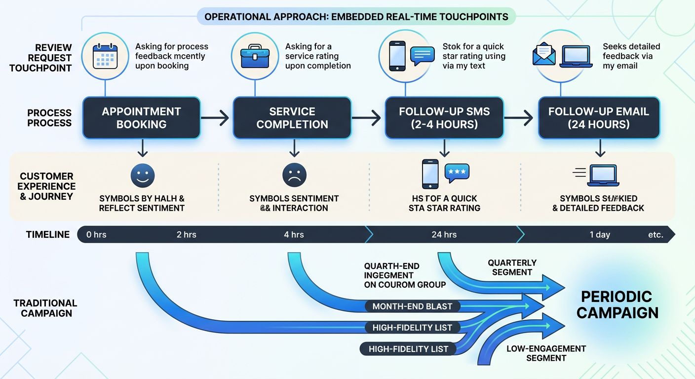 A workflow diagram showing review request touchpoints embedded at different stages of customer service — appointment booking, service completion, follow-up SMS at 2-4 hours, email at 24 hours — illust