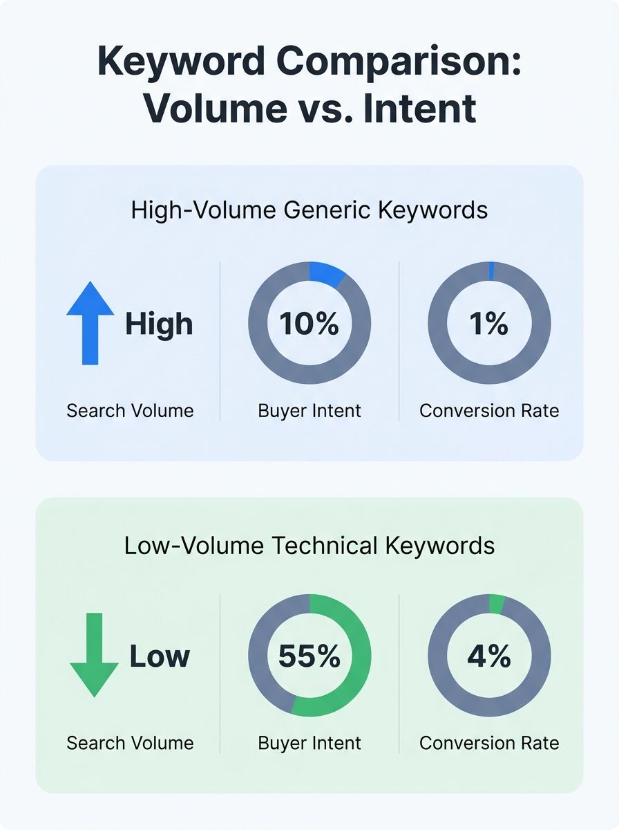 Infographic comparing high-volume generic manufacturing keywords versus low-volume technical long-tail keywords, showing search volume, estimated buyer intent percentage, and conversion rate for each 