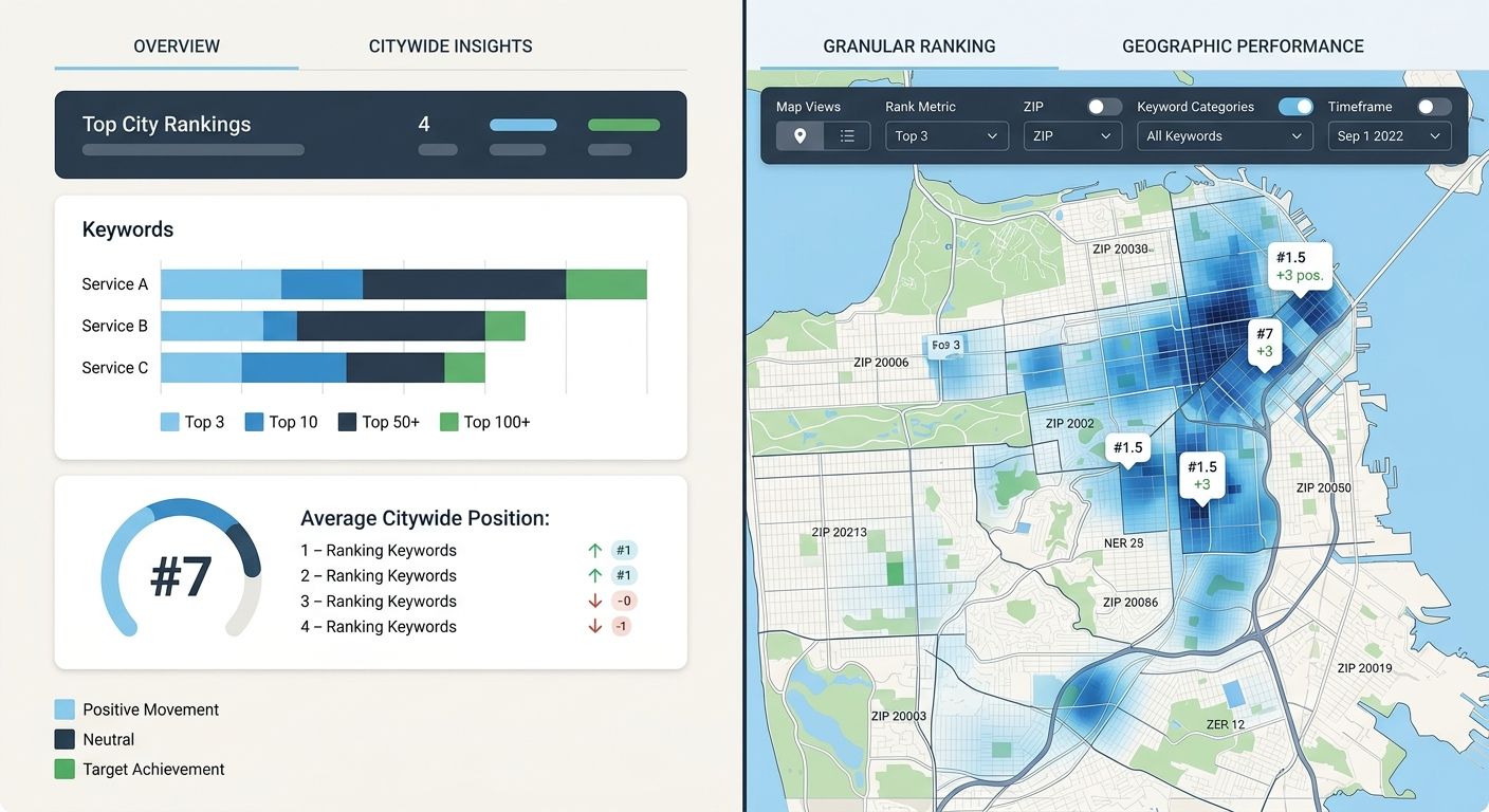 A split-screen comparison showing a generalist agency's simple city-level ranking report on the left versus a vertical specialist's granular multi-coordinate heat map showing rank variations across di