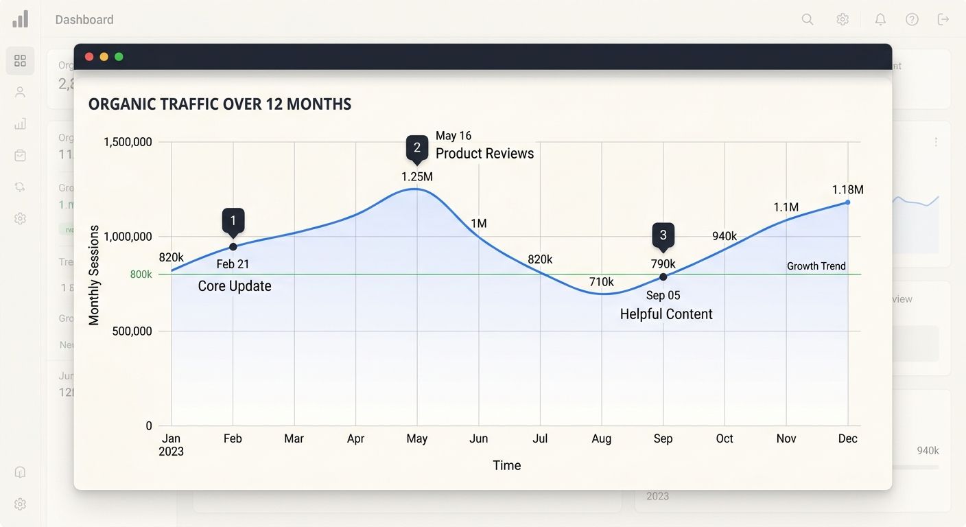 A dashboard trend line chart showing organic traffic over 12 months with algorithm update dates annotated as markers, including a visible traffic dip and subsequent recovery