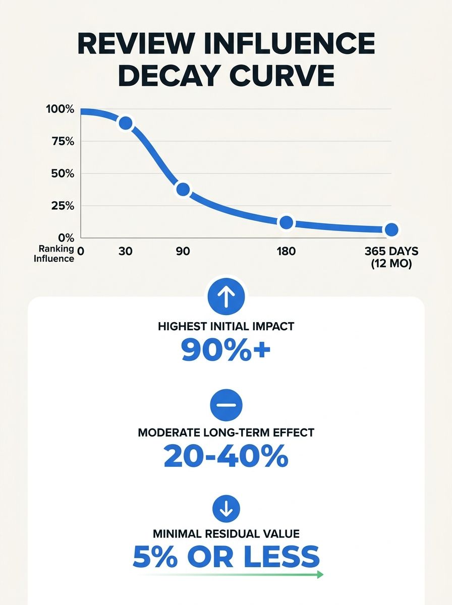 infographic showing the review influence decay curve over time, with percentage of ranking influence on the y-axis and review age in months on the x-axis, marked at 30-day, 90-day, 180-day, and 365-da