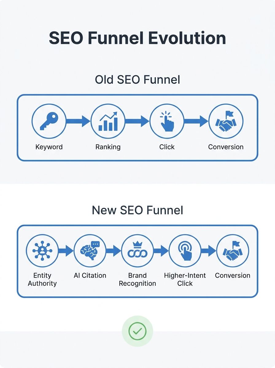 Diagram showing the old SEO funnel (keyword → ranking → click → conversion) versus the new funnel (entity authority → AI citation → brand recognition → higher-intent click → conversion), with clear la