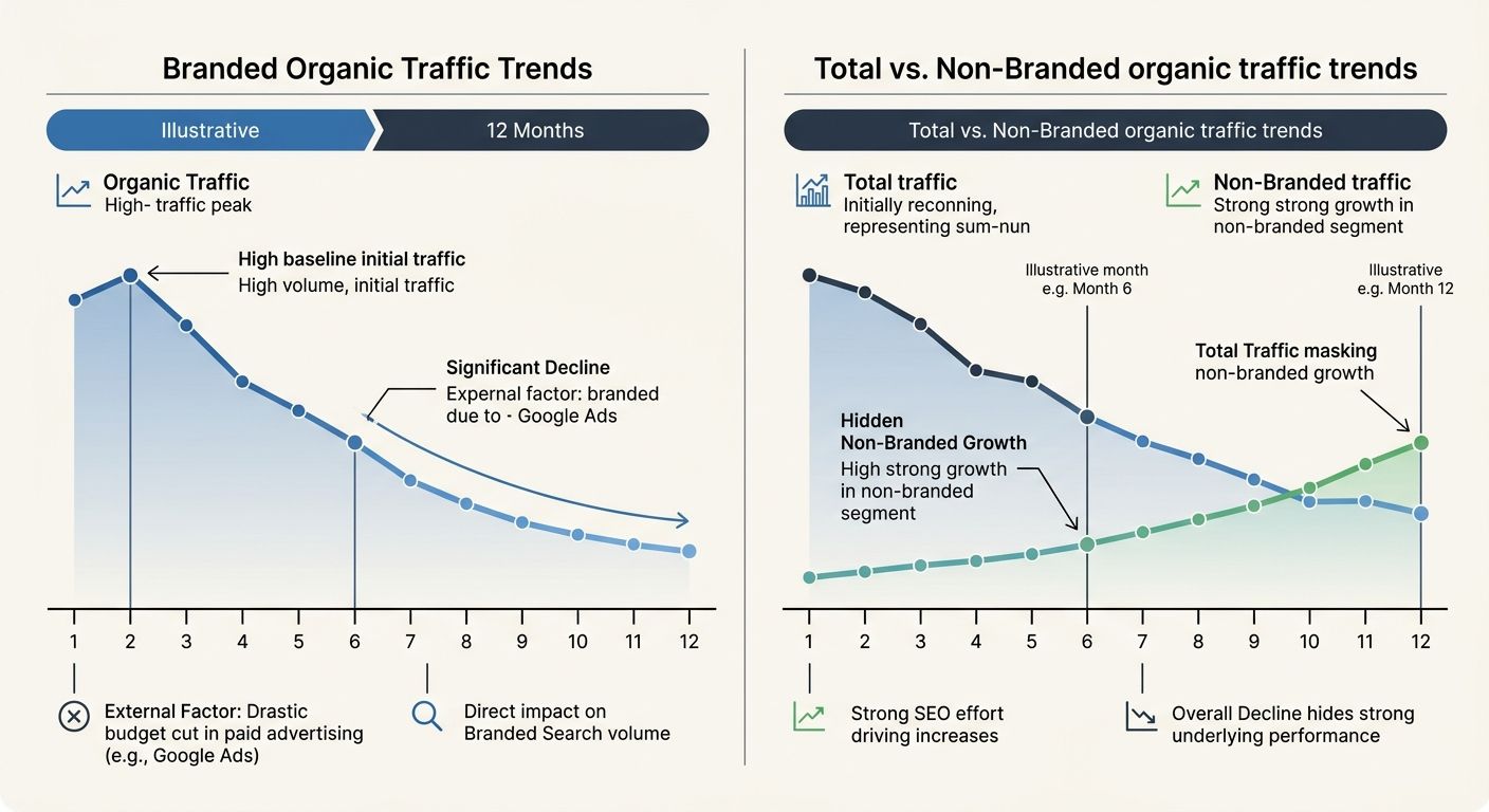 a split-screen comparison chart showing branded versus non-branded organic traffic trends over 12 months, with annotations showing how a total traffic decline can mask strong non-branded growth when b