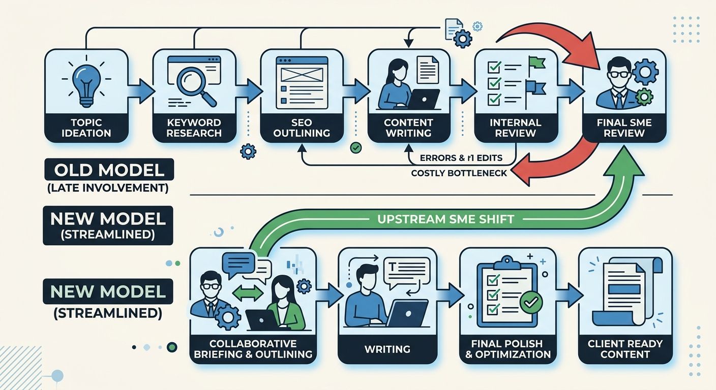 a workflow diagram showing white-label SEO content production with subject matter expert involvement at the briefing stage, compared to the old model where expert review happened only at the end, high