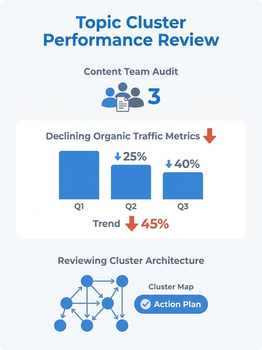 Content team reviewing topic cluster architecture on multiple monitors showing declining organic traffic metrics