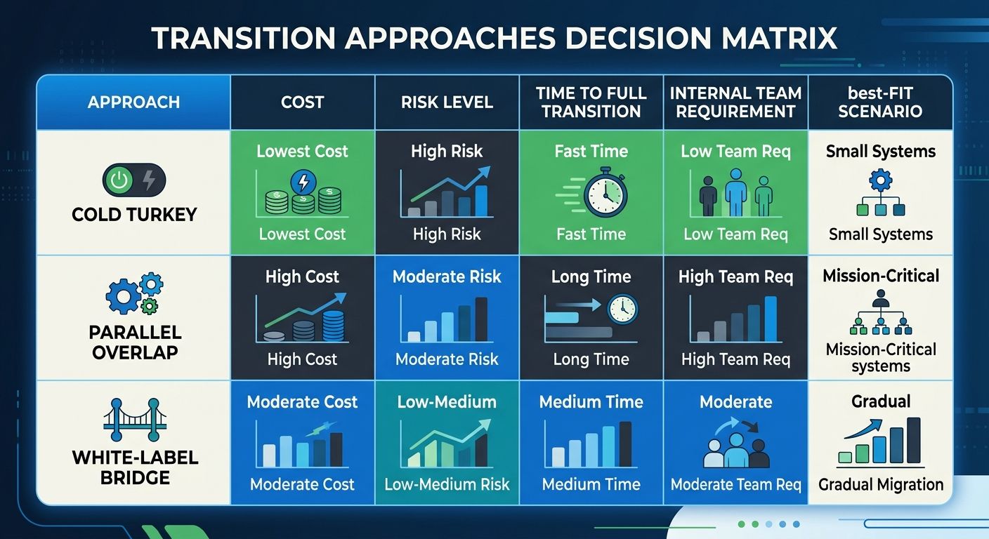 A decision matrix table showing the three approaches (Cold Turkey, Parallel Overlap, White-Label Bridge) compared across five criteria: cost, risk level, time to full transition, internal team require