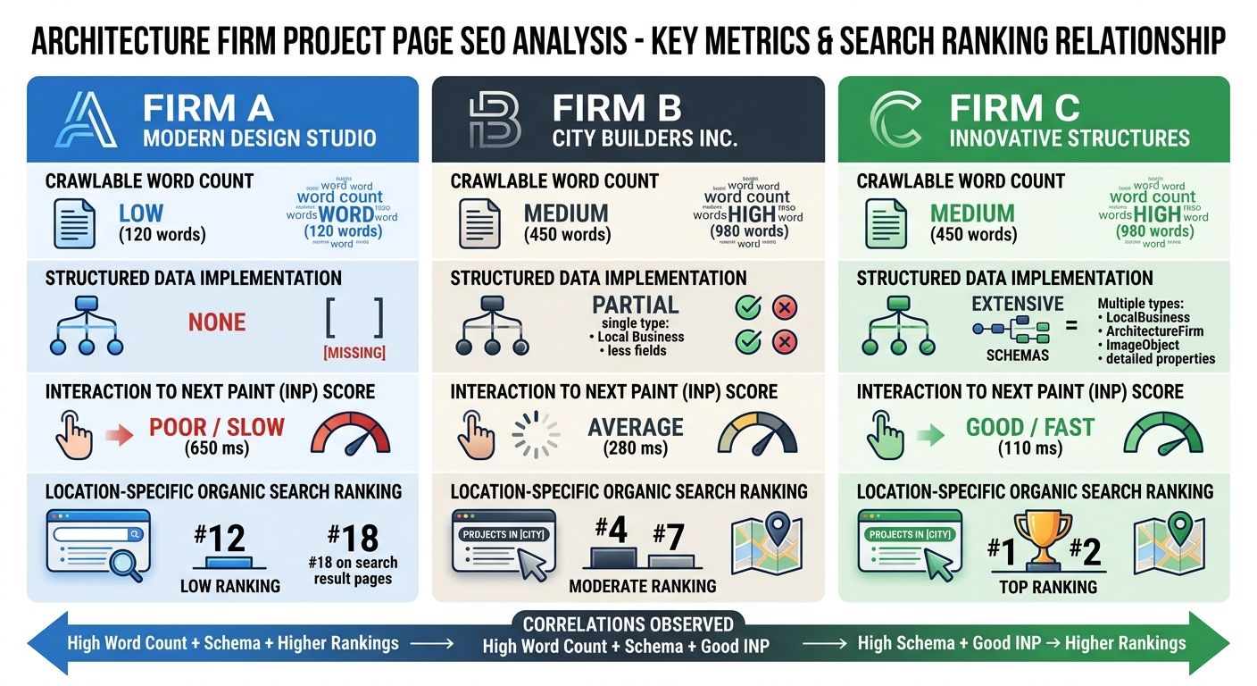 An infographic comparing three architecture firm project pages, showing the relationship between crawlable word count, structured data implementation, INP scores, and their respective organic search r