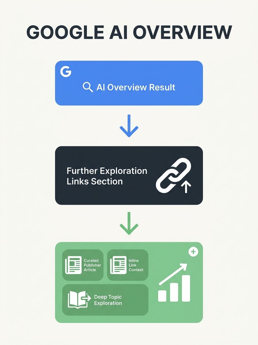 Screenshot showing Google AI Overview with Further Exploration links section displaying curated publisher articles and inline link context on desktop