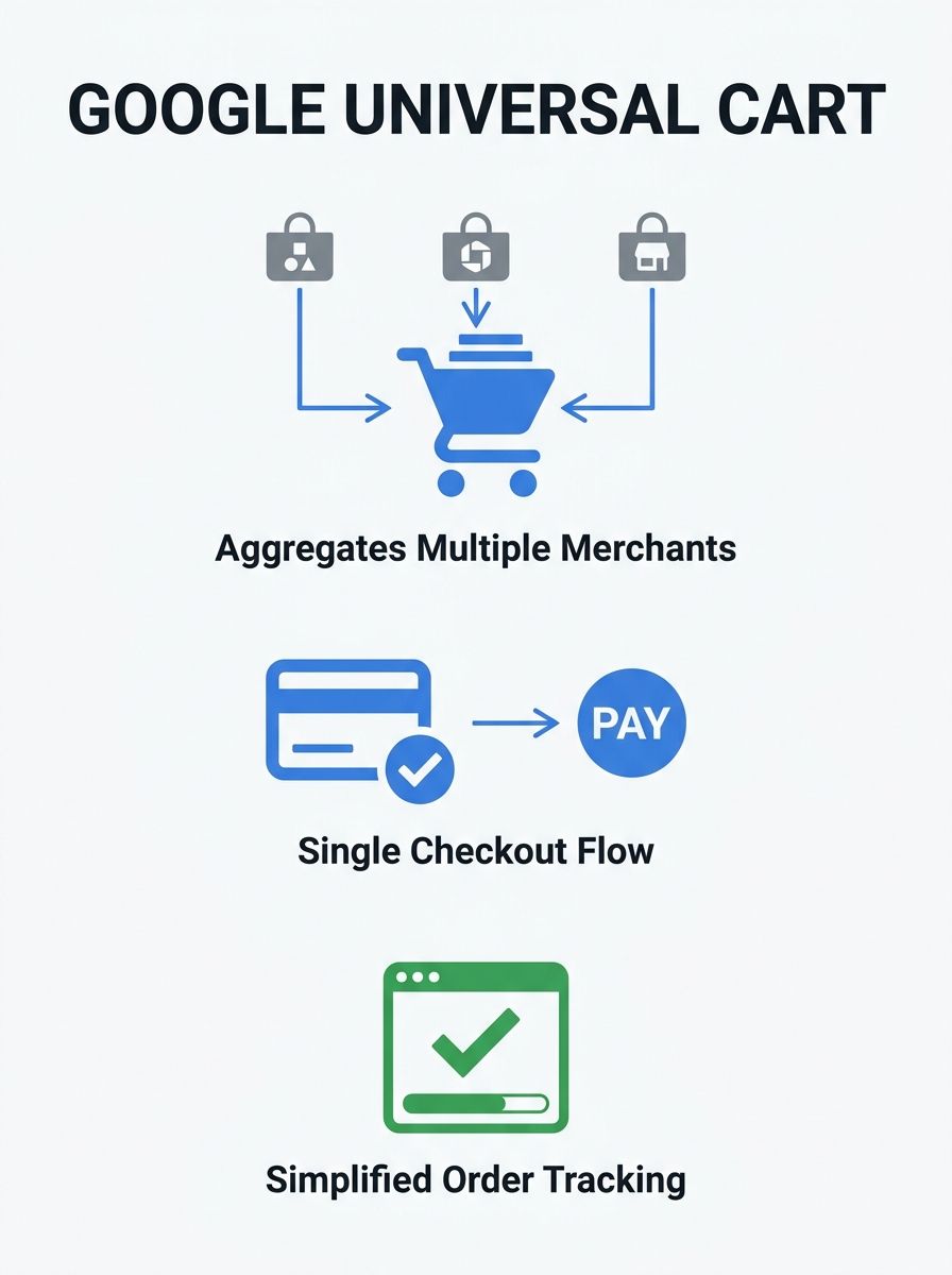 Google Universal Cart interface showing multi-merchant shopping cart aggregation