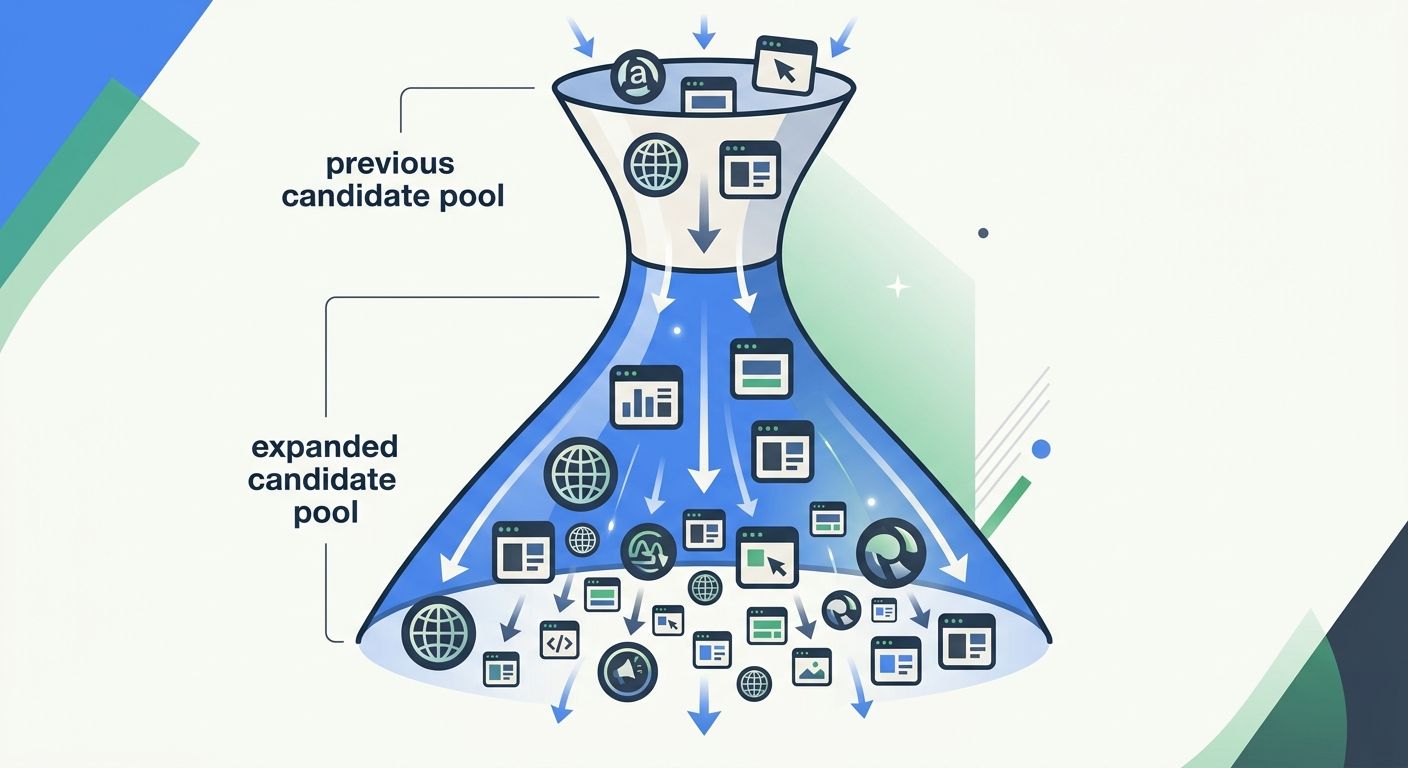 A conceptual illustration showing Google's ranking funnel widening — a narrow funnel at the top labeled "previous candidate pool" expanding into a much wider funnel labeled "expanded candidate pool," 