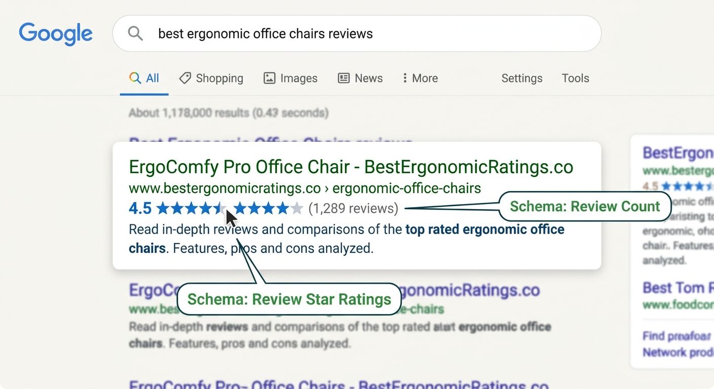 Screenshot mockup of a Google search result showing star ratings and review count rich snippet beneath a product listing, with annotations pointing to each schema-generated element