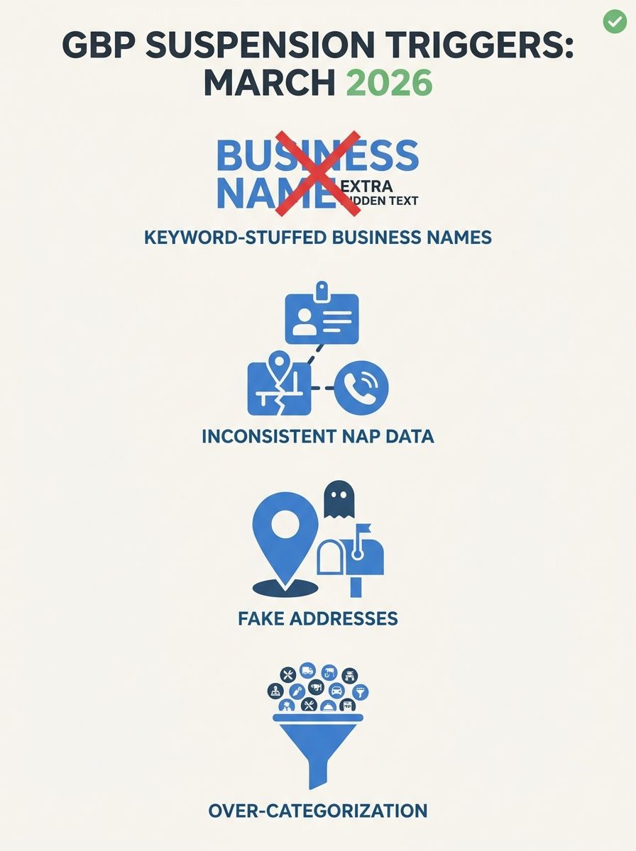 Infographic showing the four main GBP suspension triggers from March 2026: keyword-stuffed business names, inconsistent NAP data, fake addresses, and over-categorization, with icons and brief descript