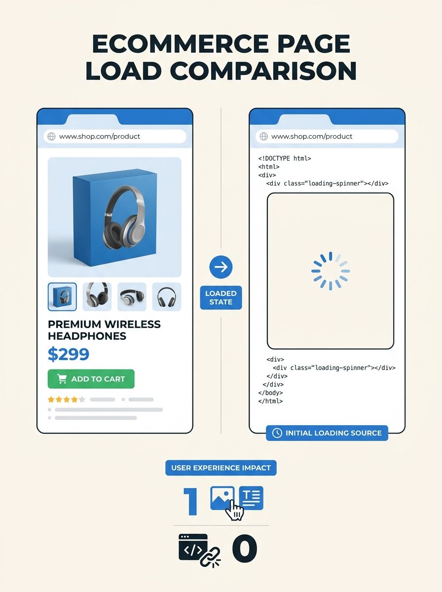 A split-screen comparison showing a fully rendered ecommerce product page on the left versus the same page's raw HTML source on the right showing only a div container with a loading spinner and no pro