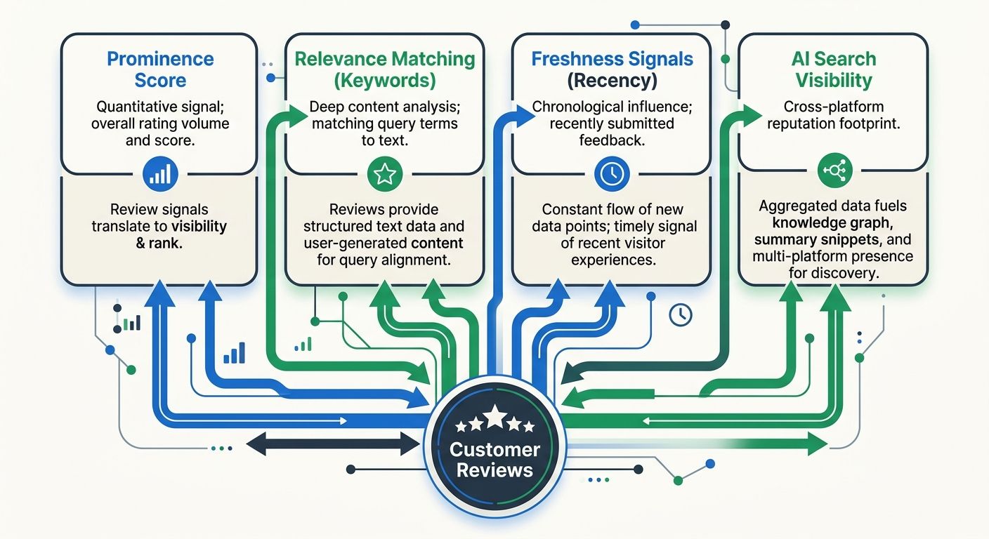 A diagram showing how reviews feed into multiple ranking layers simultaneously — arrows from a review icon pointing to prominence score, relevance matching through keyword content in reviews, freshnes