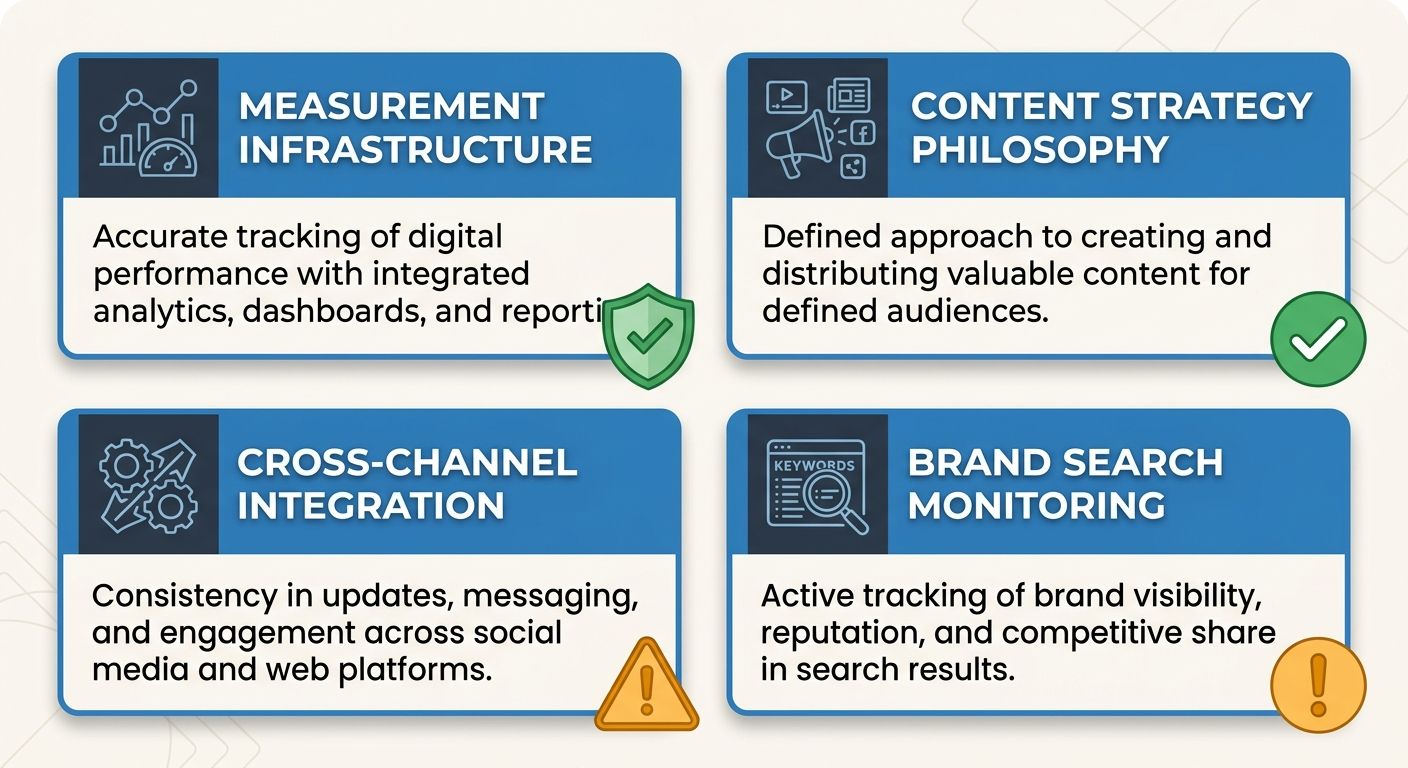 A visual showing four evaluation criteria cards arranged in a grid: "Measurement Infrastructure," "Content Strategy Philosophy," "Cross-Channel Integration," and "Brand Search Monitoring," each with a