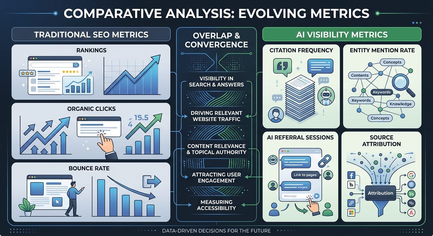 Infographic comparing traditional SEO metrics (rankings, organic clicks, bounce rate) with AI visibility metrics (citation frequency, entity mention rate, AI referral sessions, source attribution), sh