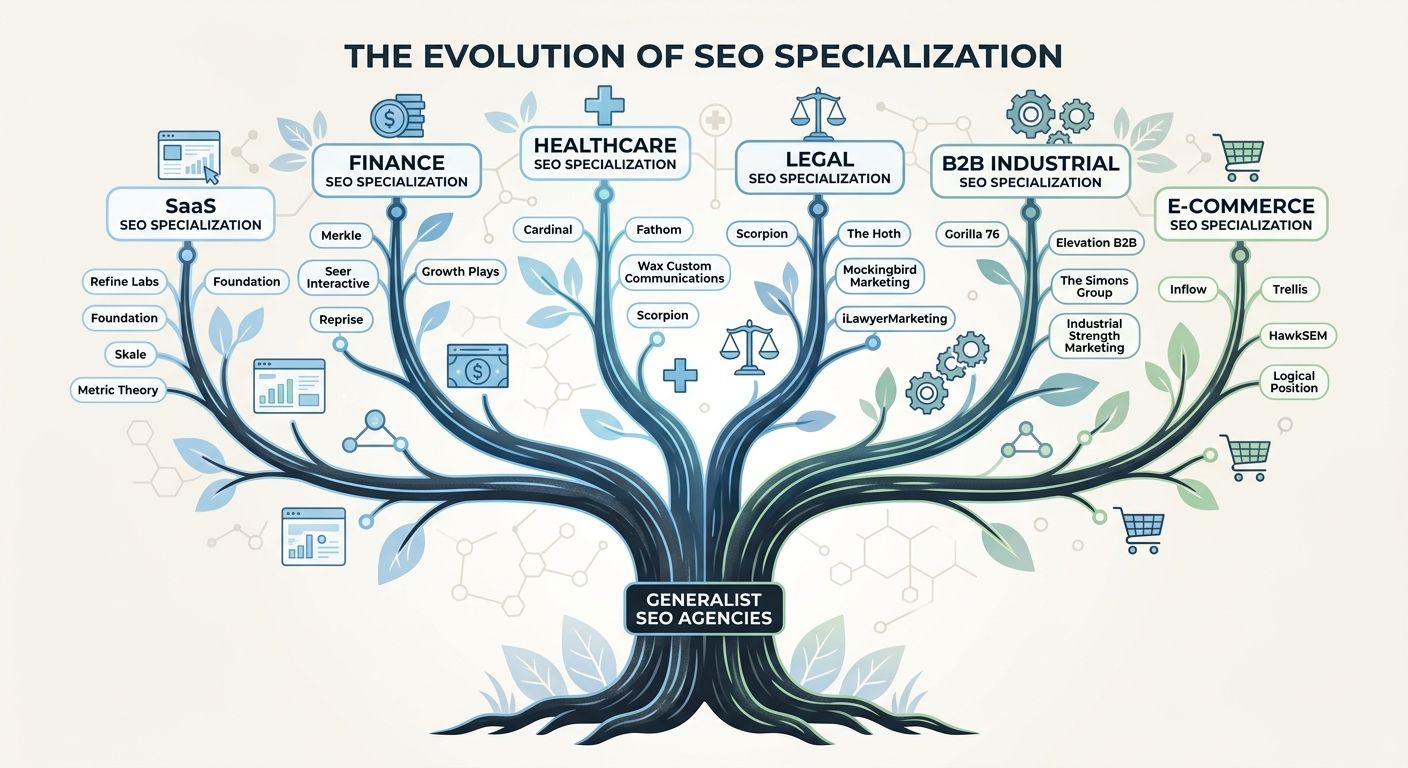 branching tree diagram showing enterprise SEO agencies splitting from a generalist trunk into vertical specialization branches including SaaS, finance, healthcare, legal, B2B industrial, and e-commerc