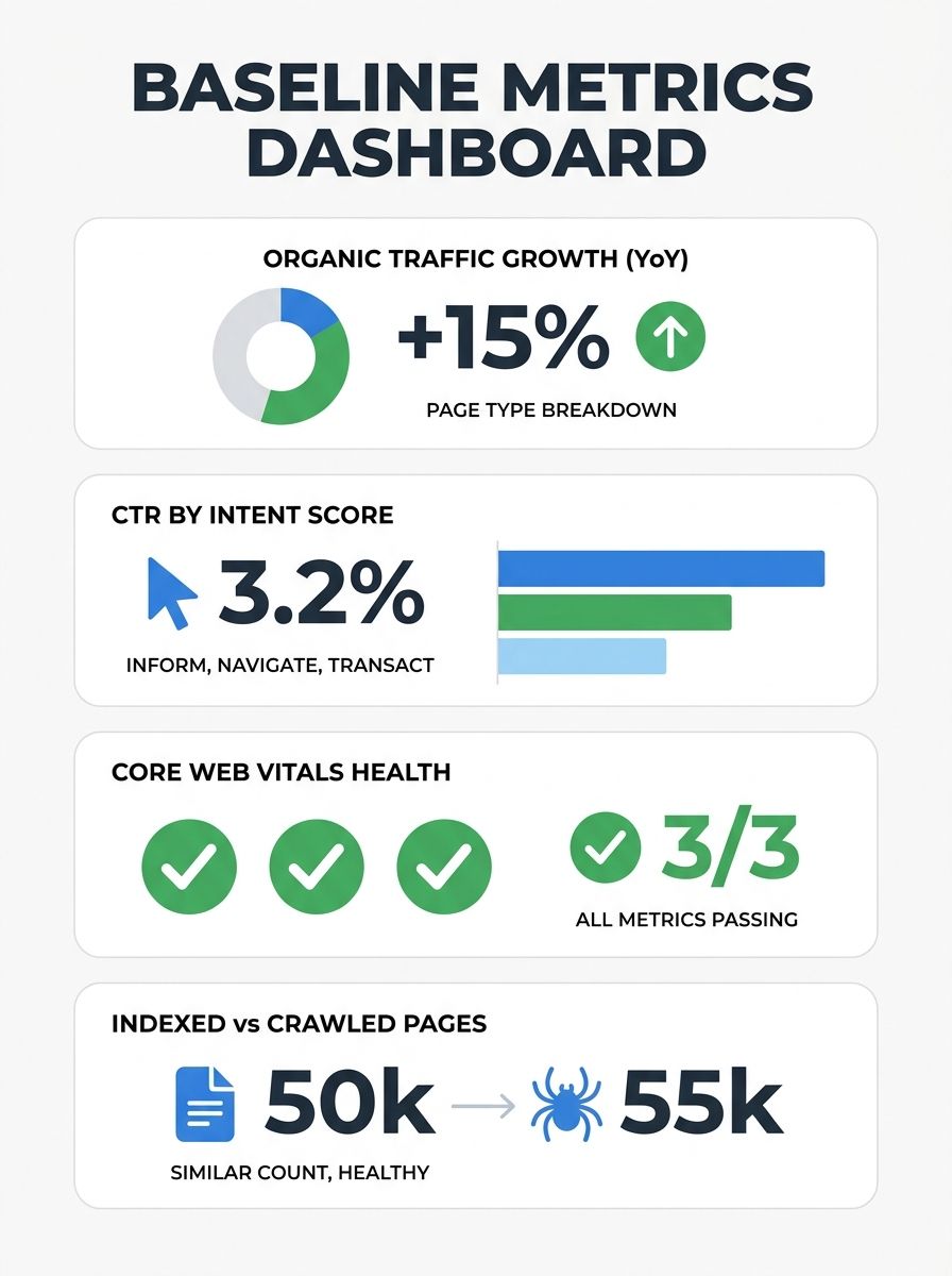 An infographic showing a four-quadrant baseline metrics dashboard with sections for organic traffic by page type, CTR by query intent, Core Web Vitals scores, and indexed vs crawled page counts, with 
