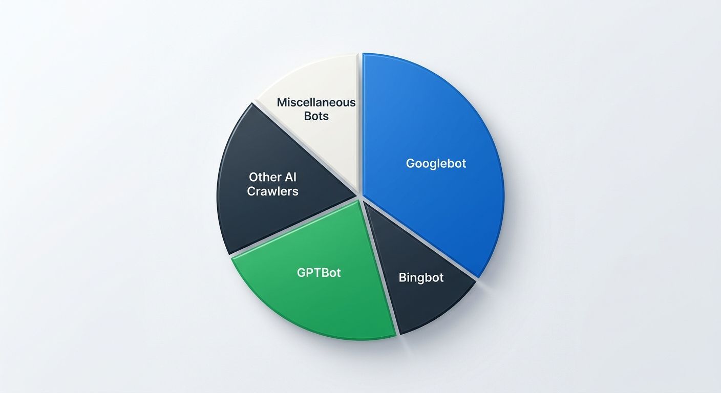 pie chart showing bot traffic distribution on an enterprise e-commerce site — Googlebot at 35%, Bingbot at 12%, GPTBot at 22%, other AI crawlers at 18%, and miscellaneous bots at 13%