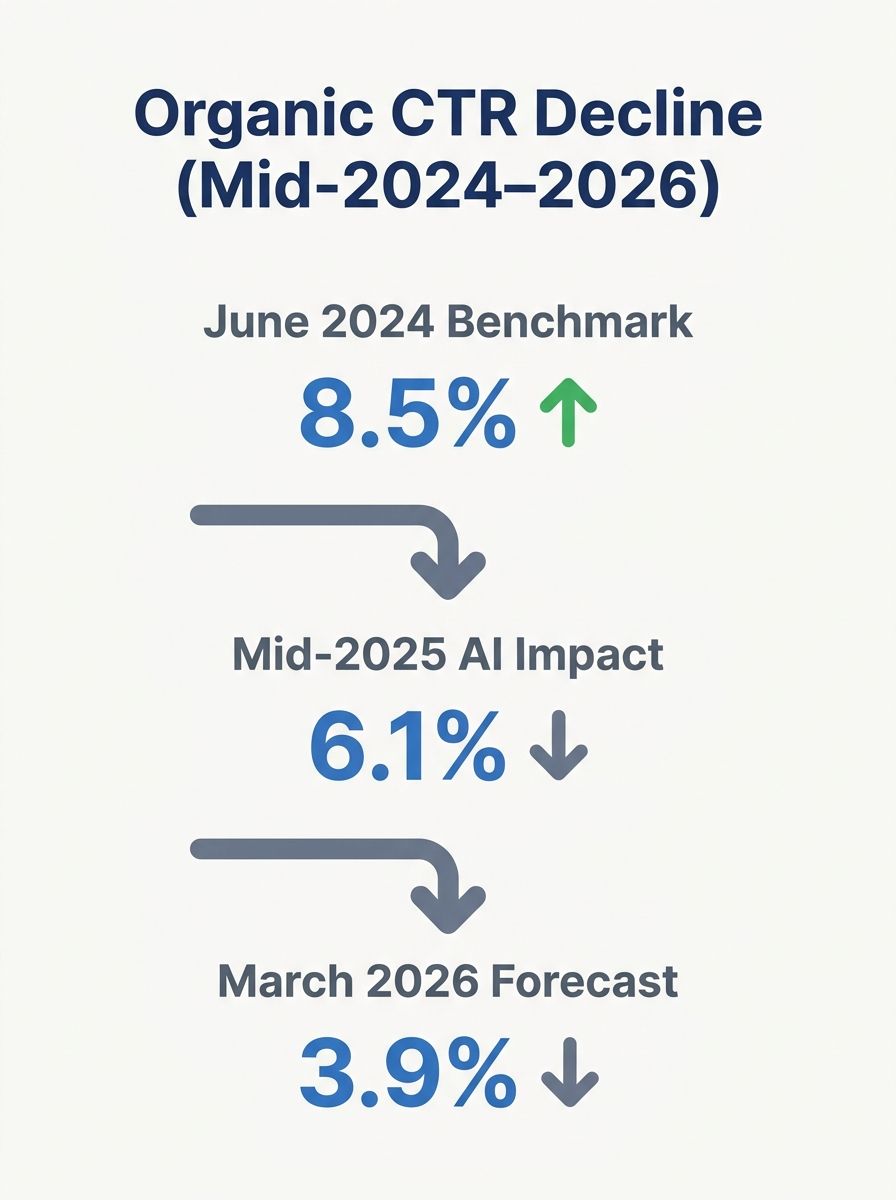 Dashboard showing declining organic click-through rates across informational queries with AI Overview placement from June 2024 through March 2026