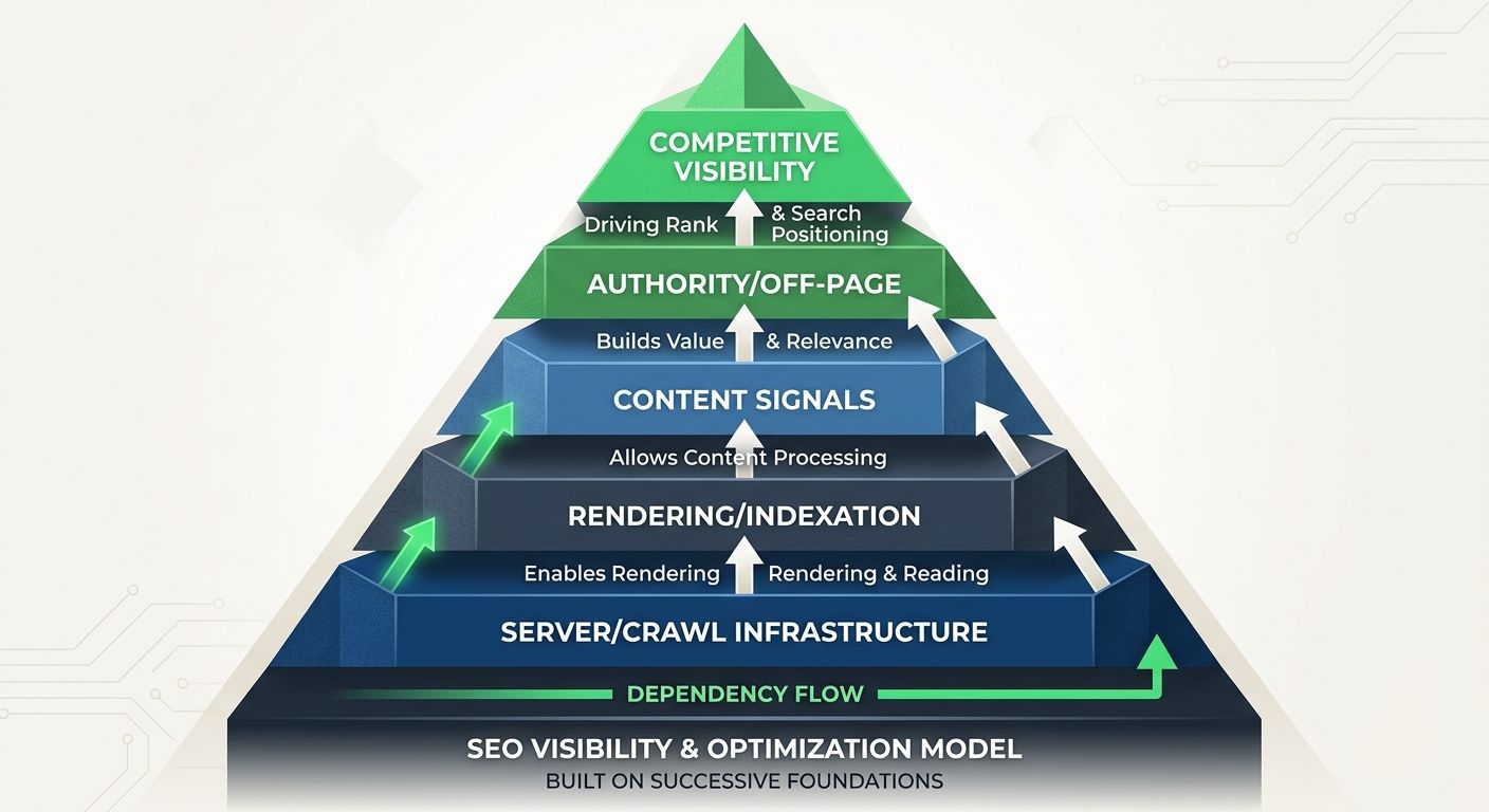 A layered pyramid diagram with five distinct levels labeled from bottom to top: Server/Crawl Infrastructure, Rendering/Indexation, Content Signals, Authority/Off-Page, and Competitive Visibility, with