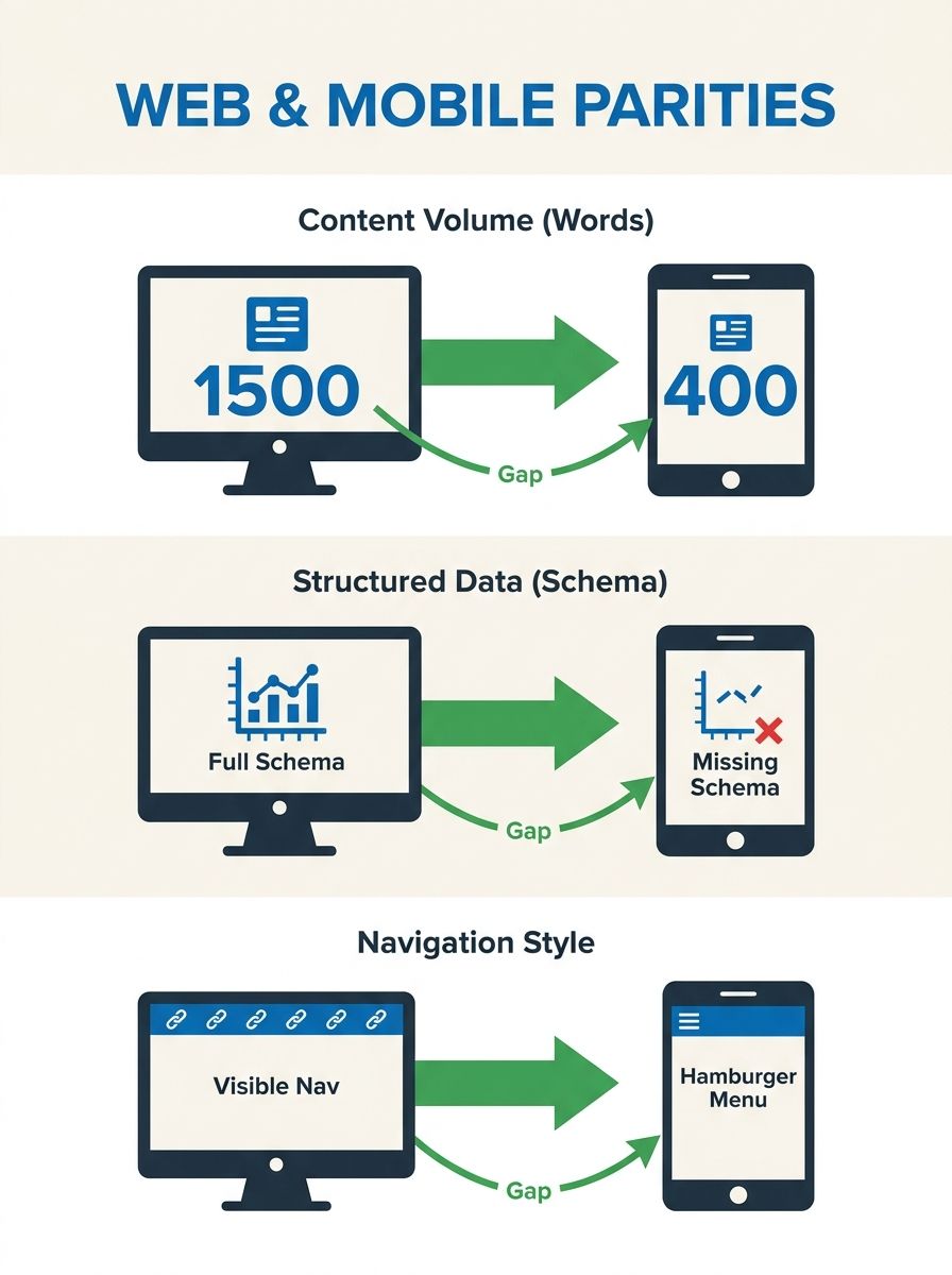 Infographic comparing a desktop webpage with 1500 words, full schema, and visible navigation alongside the same page on a mobile screen showing 400 words, missing schema, and a hamburger menu, with ar