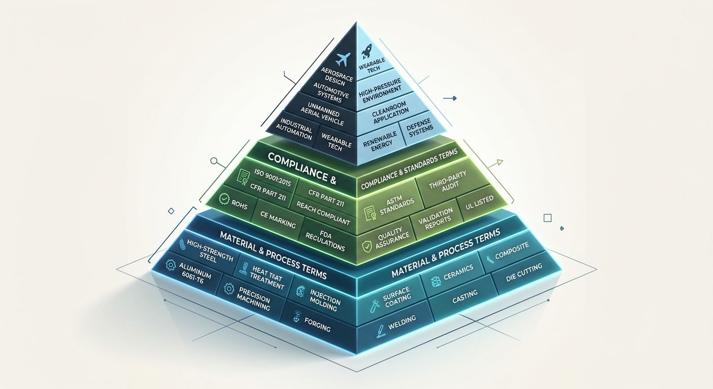 A pyramid diagram showing three layers of specification-led keywords, with material/process terms at the base, compliance terms in the middle, and application-specific terms at the top, with example k