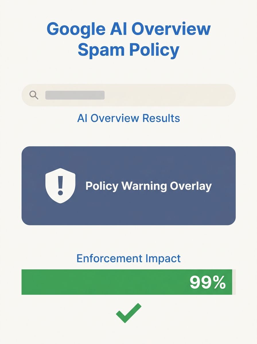 Google search interface showing AI Overview results with spam policy warning overlay