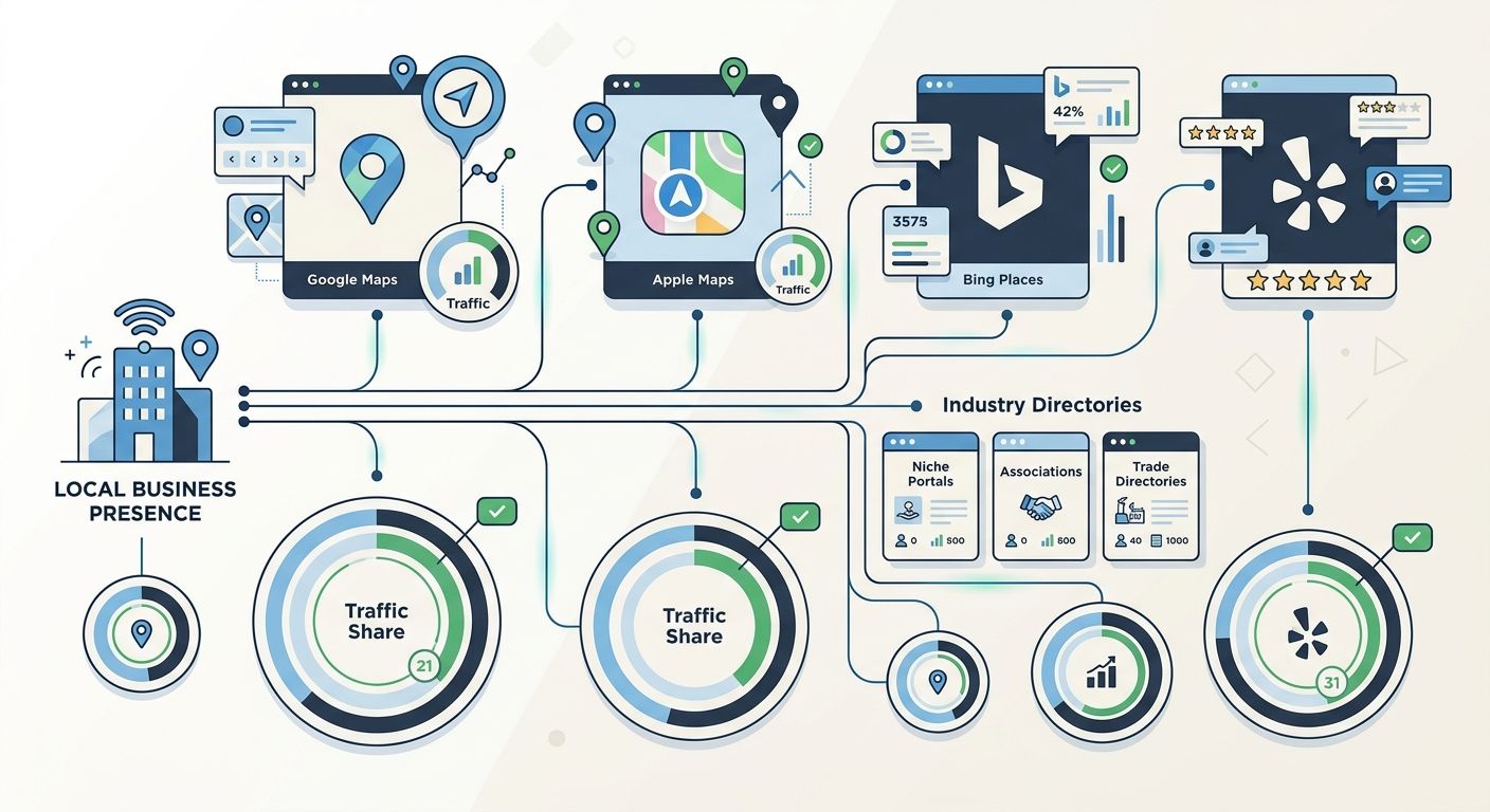 A visual showing a local business presence distributed across multiple platforms including Google Maps, Apple Maps, Bing Places, Yelp, and industry-specific directories, with relative traffic share in