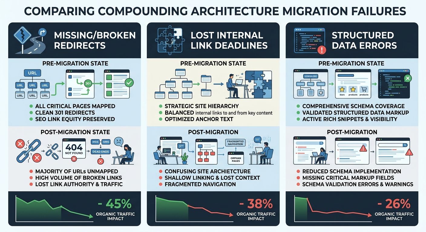 infographic comparing the three compounding architecture failures side by side, showing the pre-migration state versus post-migration state for redirects, internal links, and structured data, with per