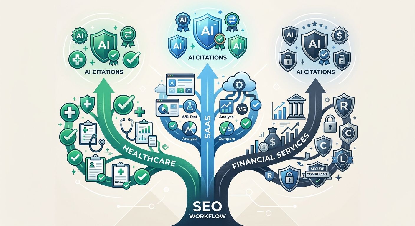 illustration showing three distinct SEO workflow branches splitting from a single trunk — one labeled SaaS with product comparison icons, one labeled Healthcare with compliance checkmarks, and one lab