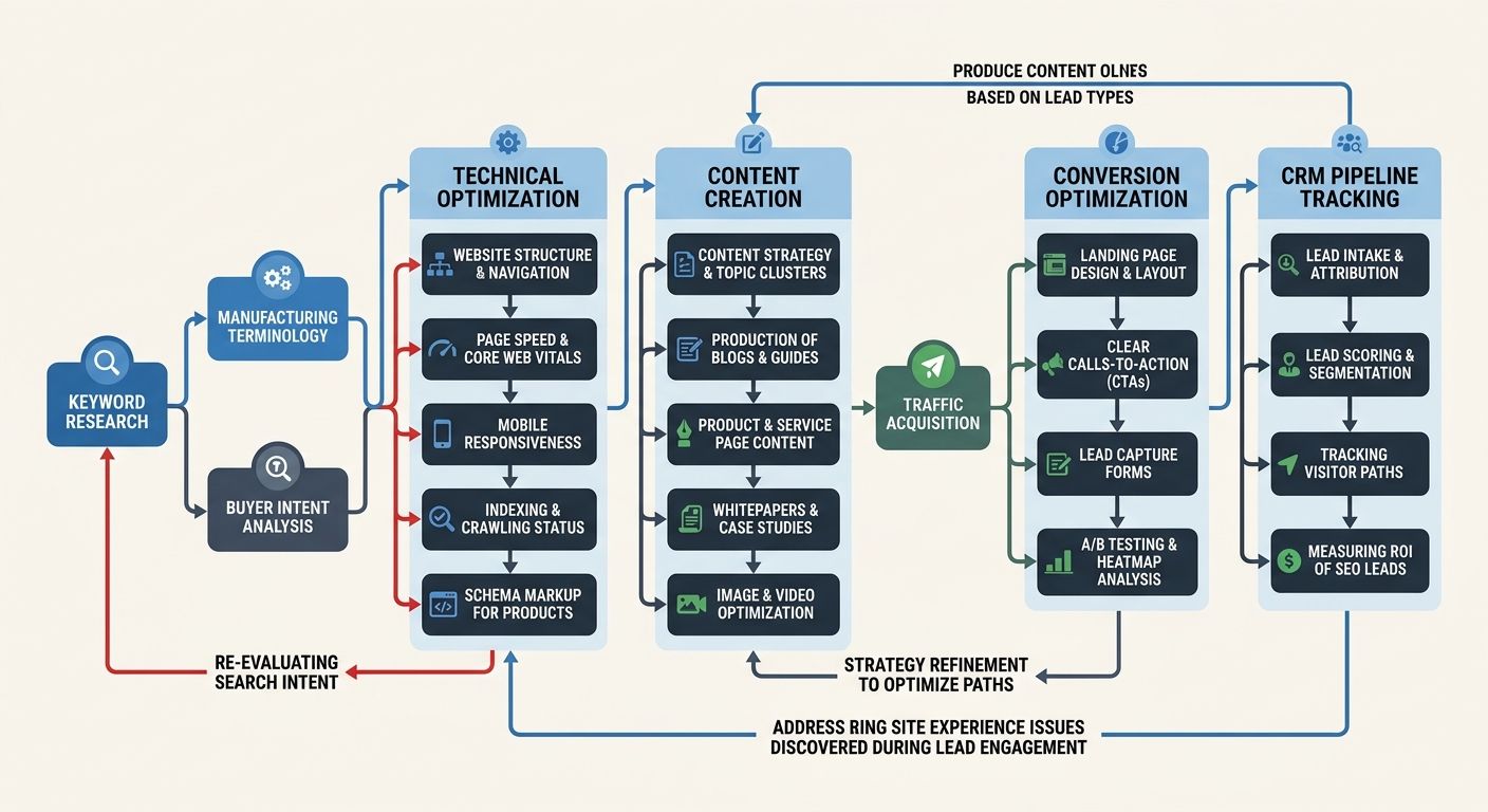Flowchart showing the ideal manufacturing SEO pipeline from keyword research through technical optimization, content creation, conversion optimization, and CRM pipeline tracking with feedback loops at