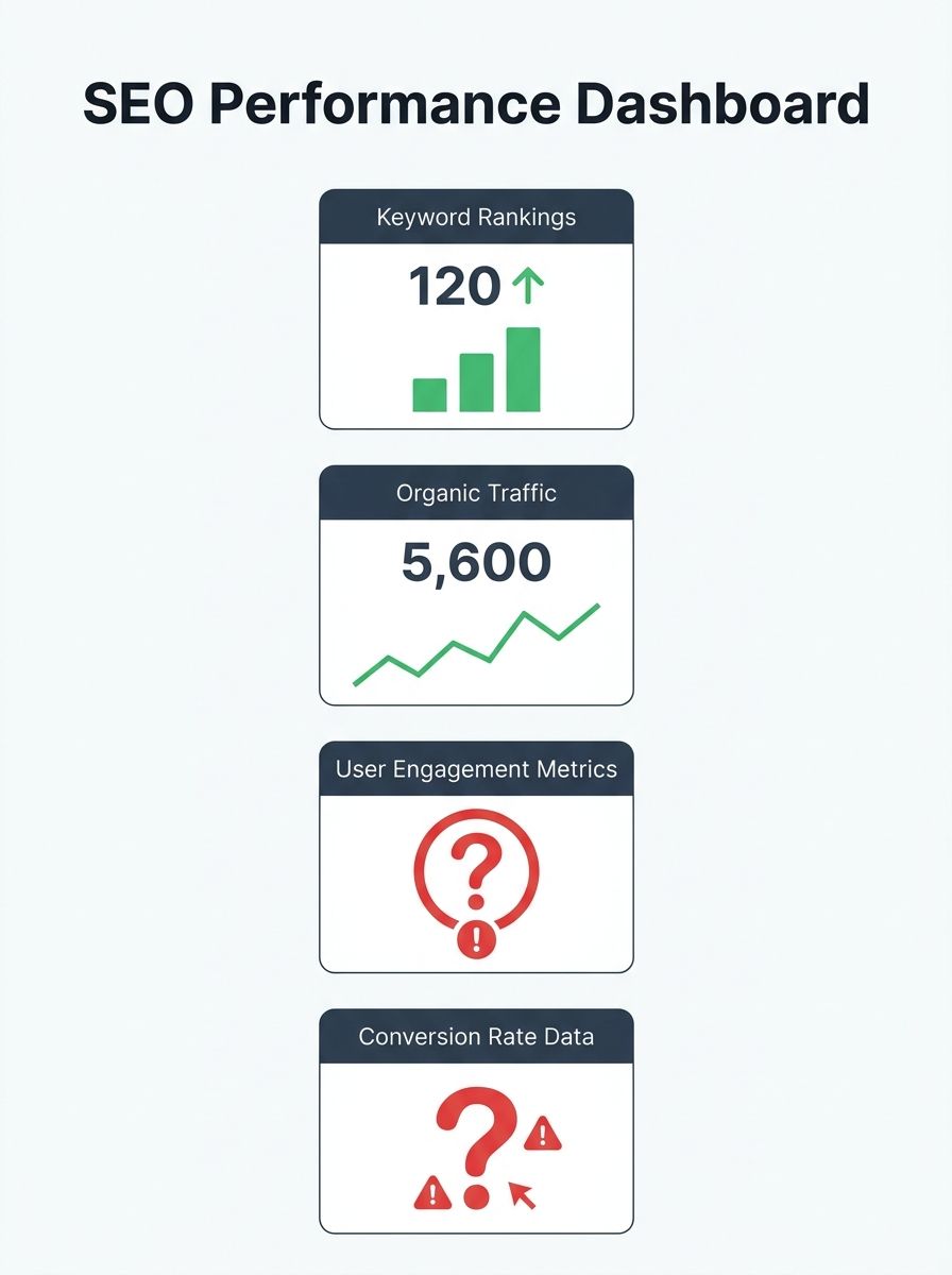 a corporate performance dashboard screen showing traditional SEO metrics like keyword rankings and organic traffic, with red warning indicators and question marks highlighting gaps where newer metrics