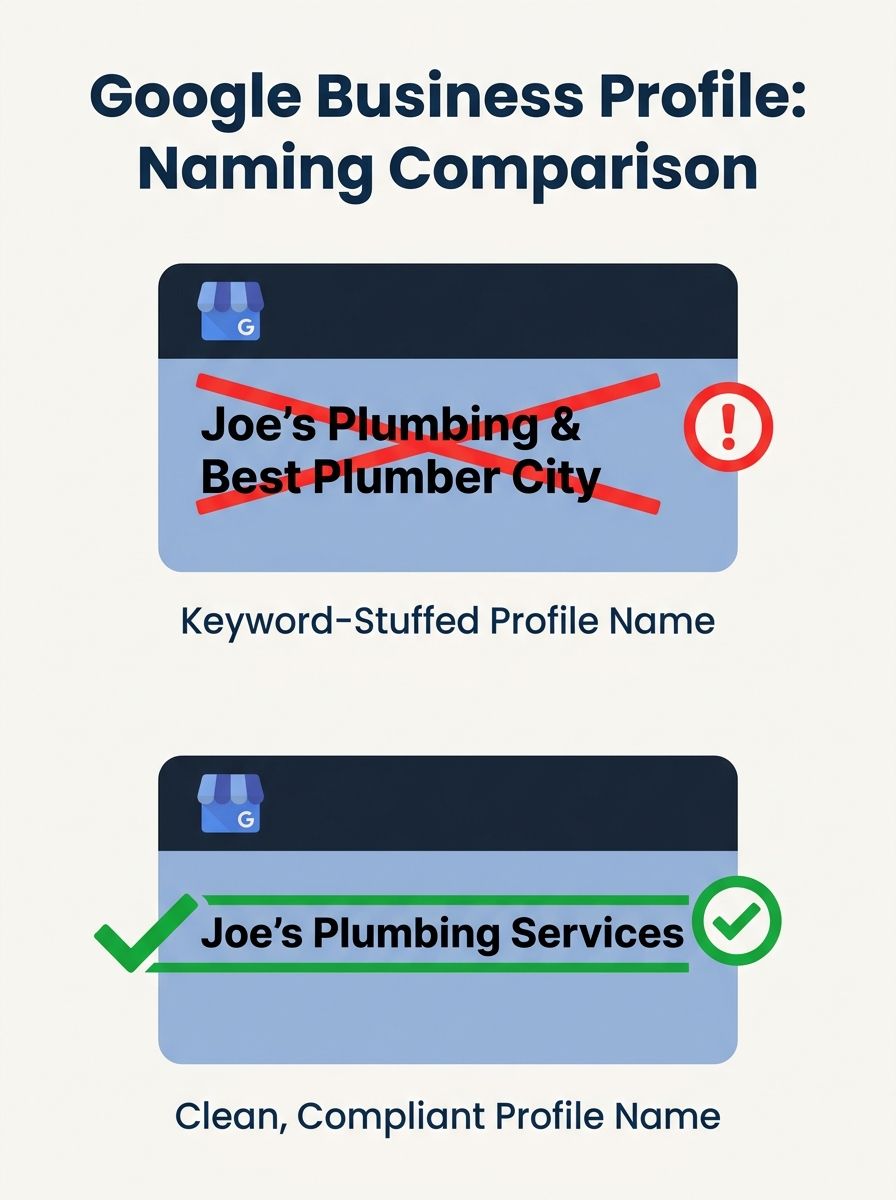 A side-by-side comparison showing a Google Business Profile with a keyword-stuffed name crossed out in red versus a clean, compliant profile name highlighted in green