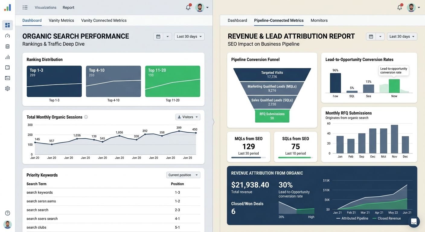 Dashboard mockup showing the contrast between a vanity metrics SEO report with rankings and traffic charts versus a pipeline-connected report showing qualified leads, RFQ submissions, and revenue attr