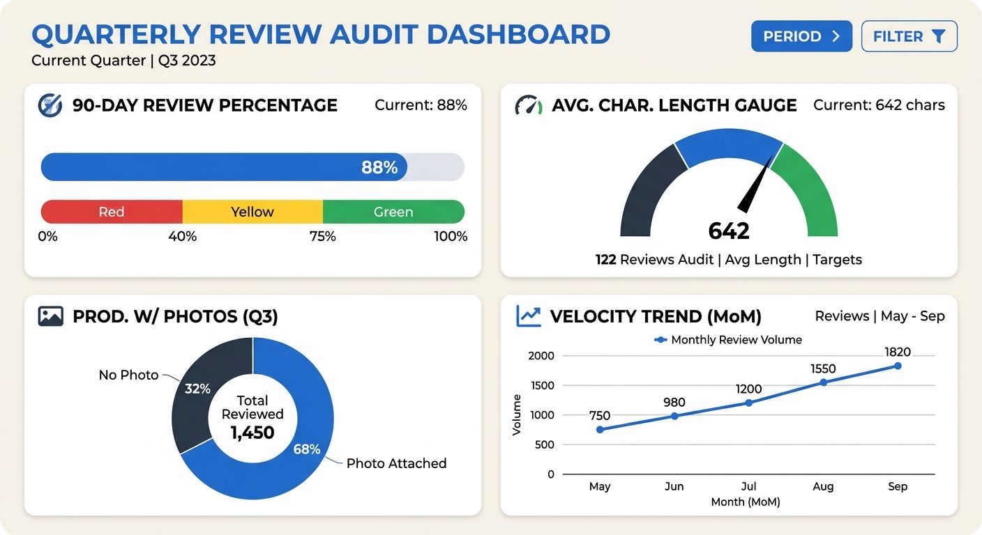 a quarterly review audit dashboard template showing four metric cards - 90-day review percentage with green/yellow/red threshold zones, average character length gauge, photo-attached review rate pie c