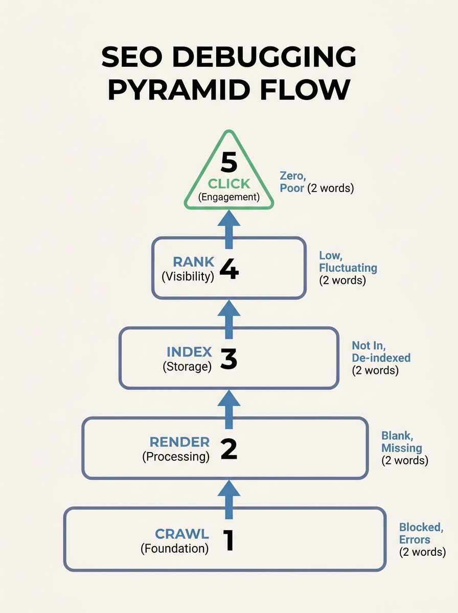 Infographic showing the five-layer SEO debugging pyramid with crawl at the base, render above it, index in the middle, rank second from top, and click at the apex, with arrows showing dependency flow 