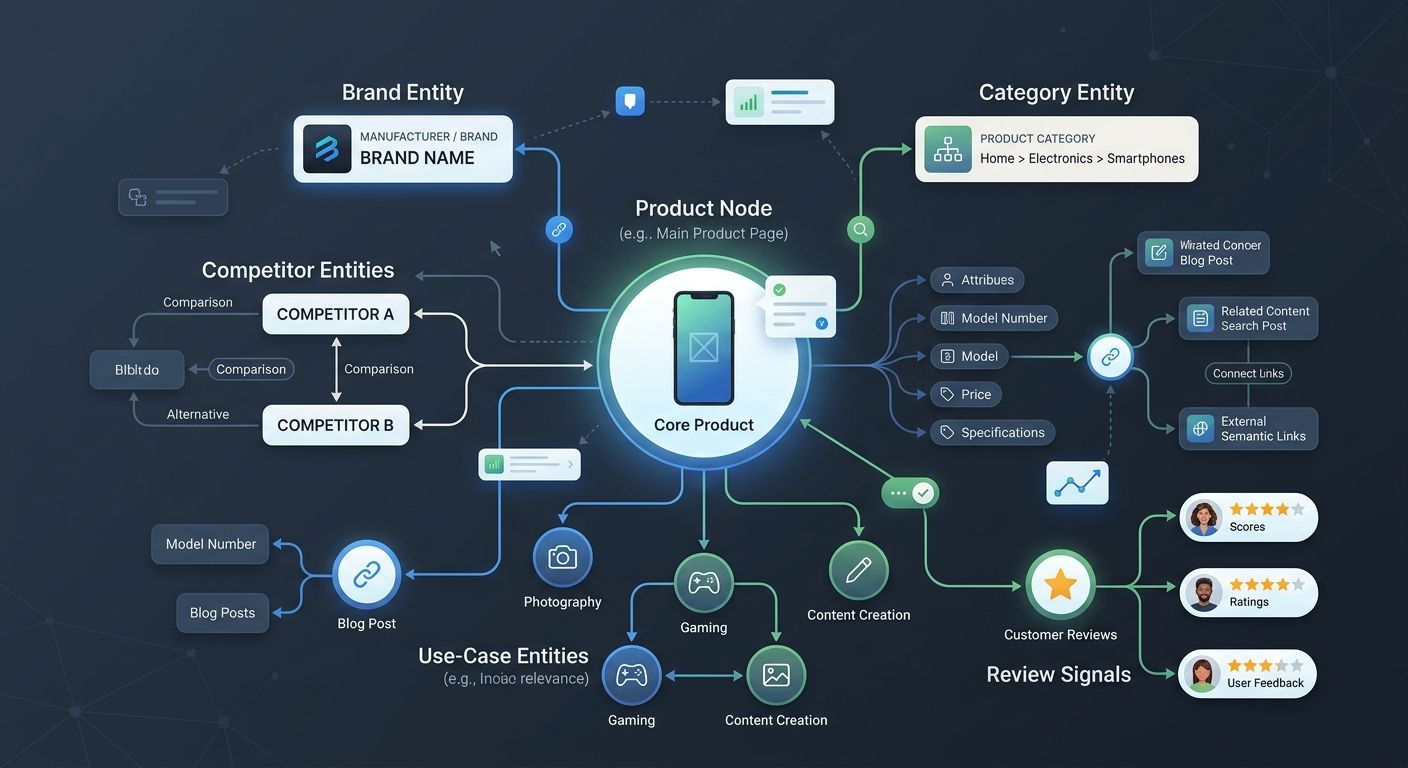 A flowchart showing entity relationships for a product page, with the central product node connecting to brand entity, category entity, use-case entities, competitor entities, and review signals, illu