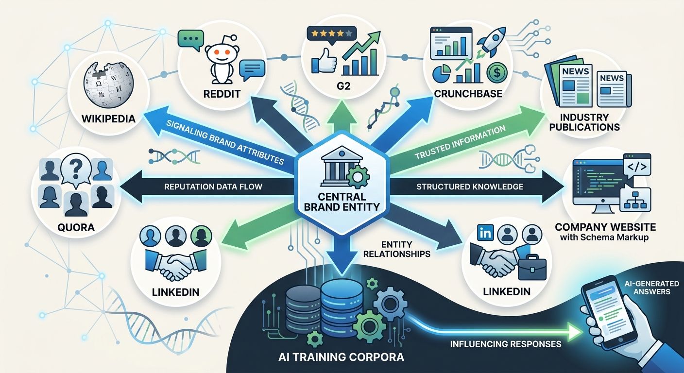 An infographic showing a central brand entity node connected by labeled arrows to various platforms where LLMs source training data—Wikipedia, Reddit, G2, Crunchbase, industry publications, company we