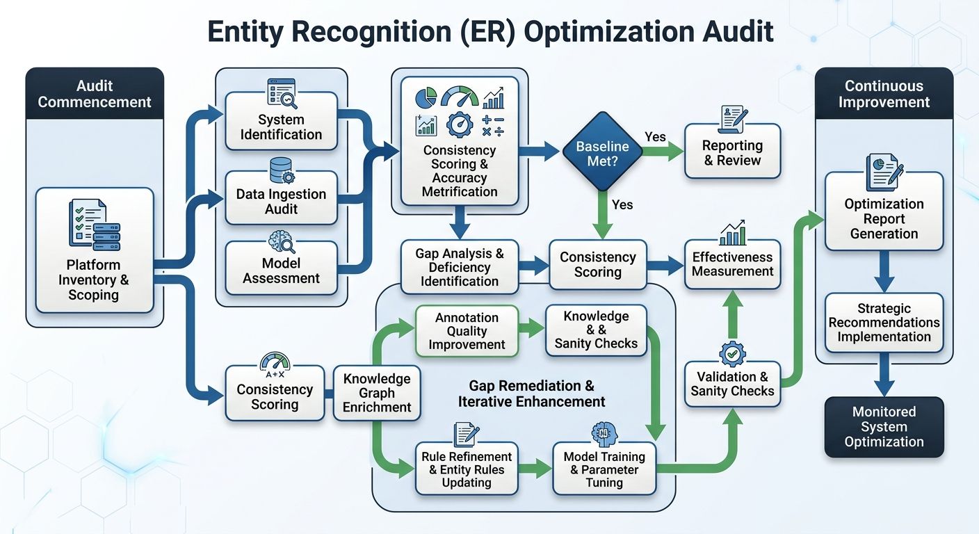 Flowchart of an entity recognition optimization audit process, showing steps from platform inventory through consistency scoring to gap remediation