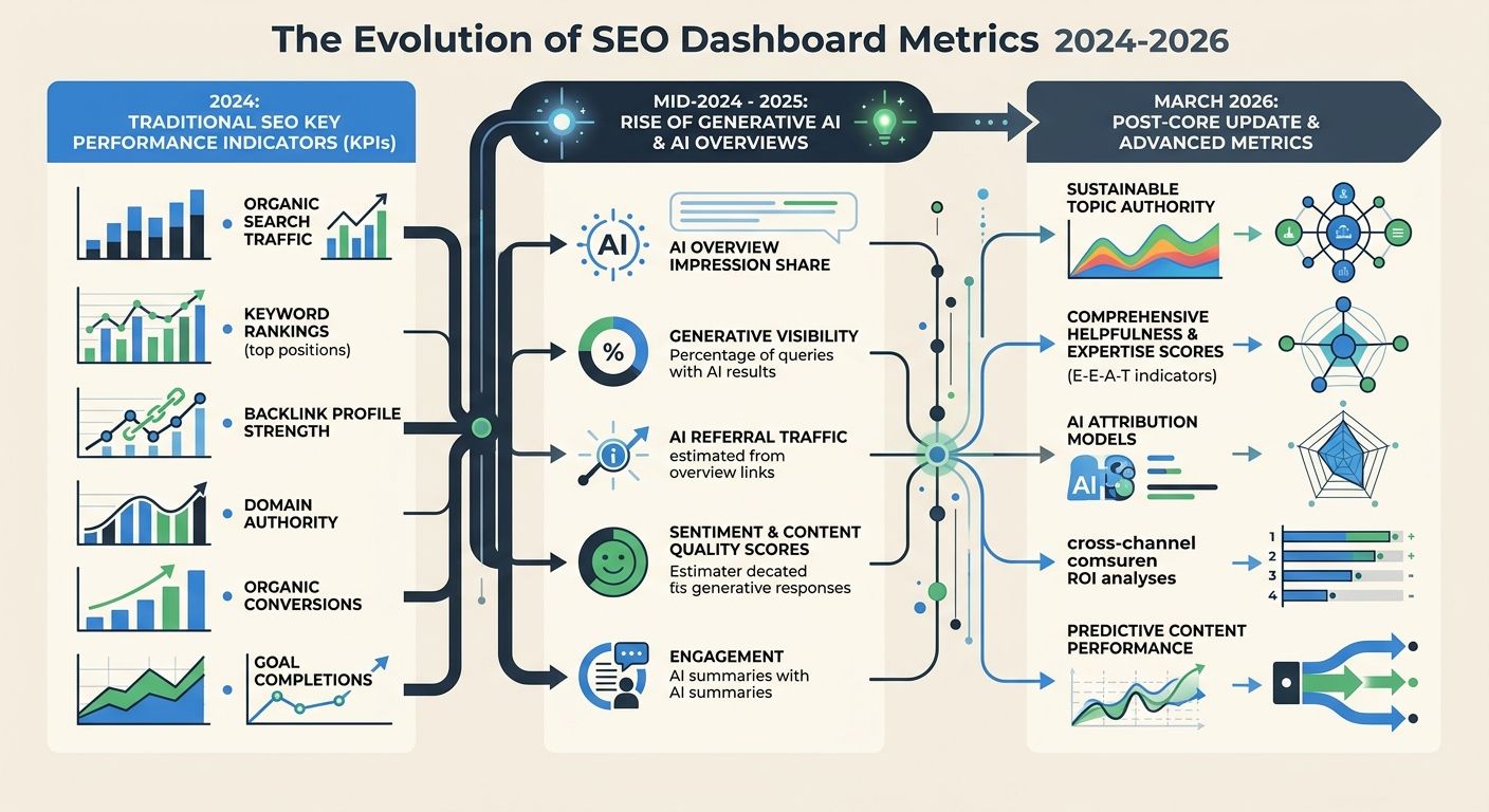 A timeline diagram showing the evolution of SEO dashboard metrics from 2024 traditional KPIs through the introduction of AI Overviews to the March 2026 Core Update, with new metric categories added at
