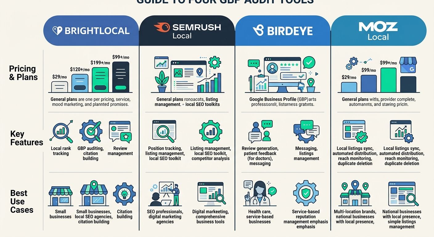 Side-by-side comparison table of four GBP audit tools (BrightLocal, SEMrush Local, Birdeye, Moz Local) showing pricing, key features, and best use cases in a clean grid layout