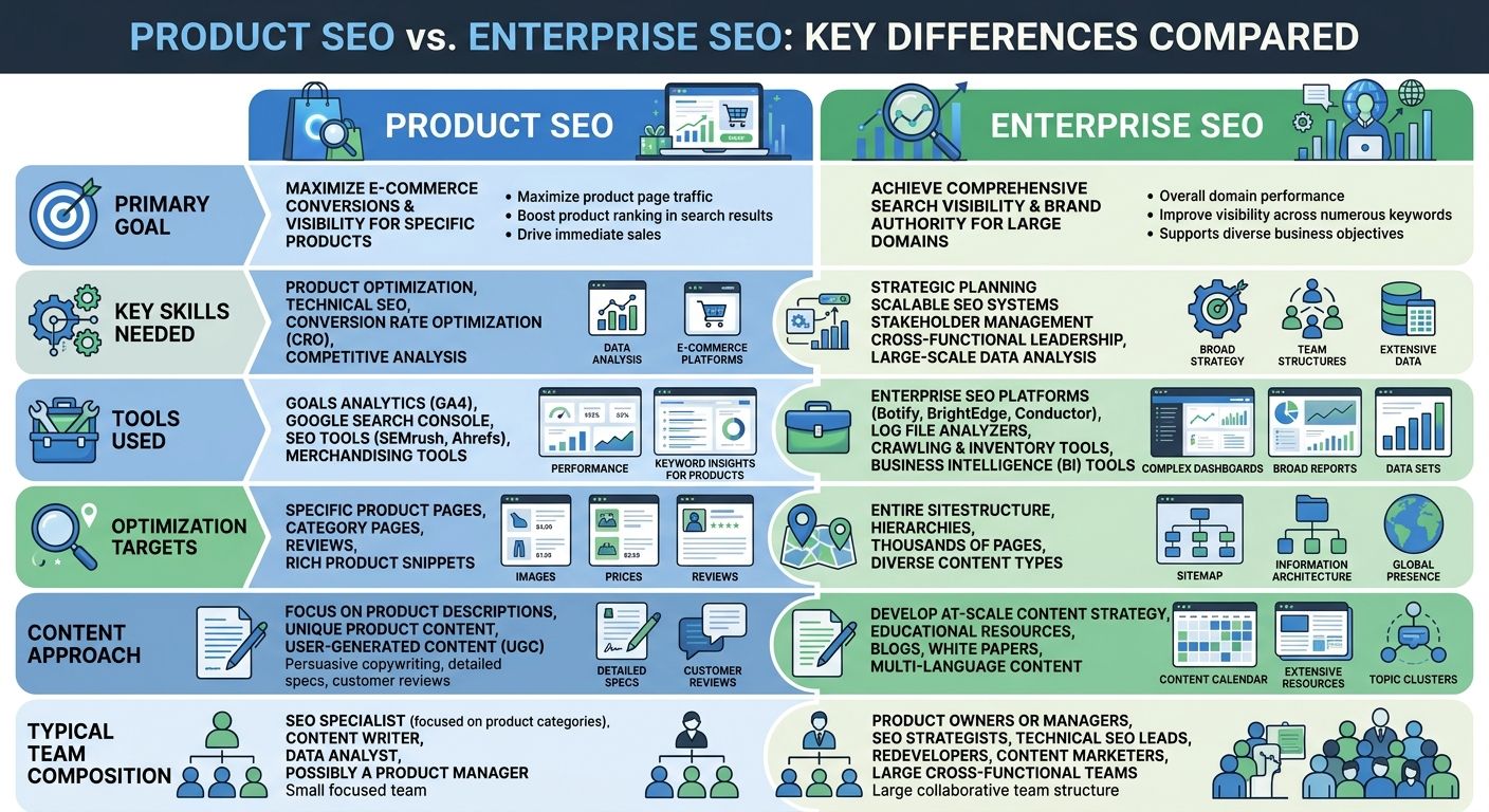 An infographic comparing Product SEO and Enterprise SEO across six dimensions: primary goal, key skills needed, tools used, optimization targets, content approach, and typical team composition, with d