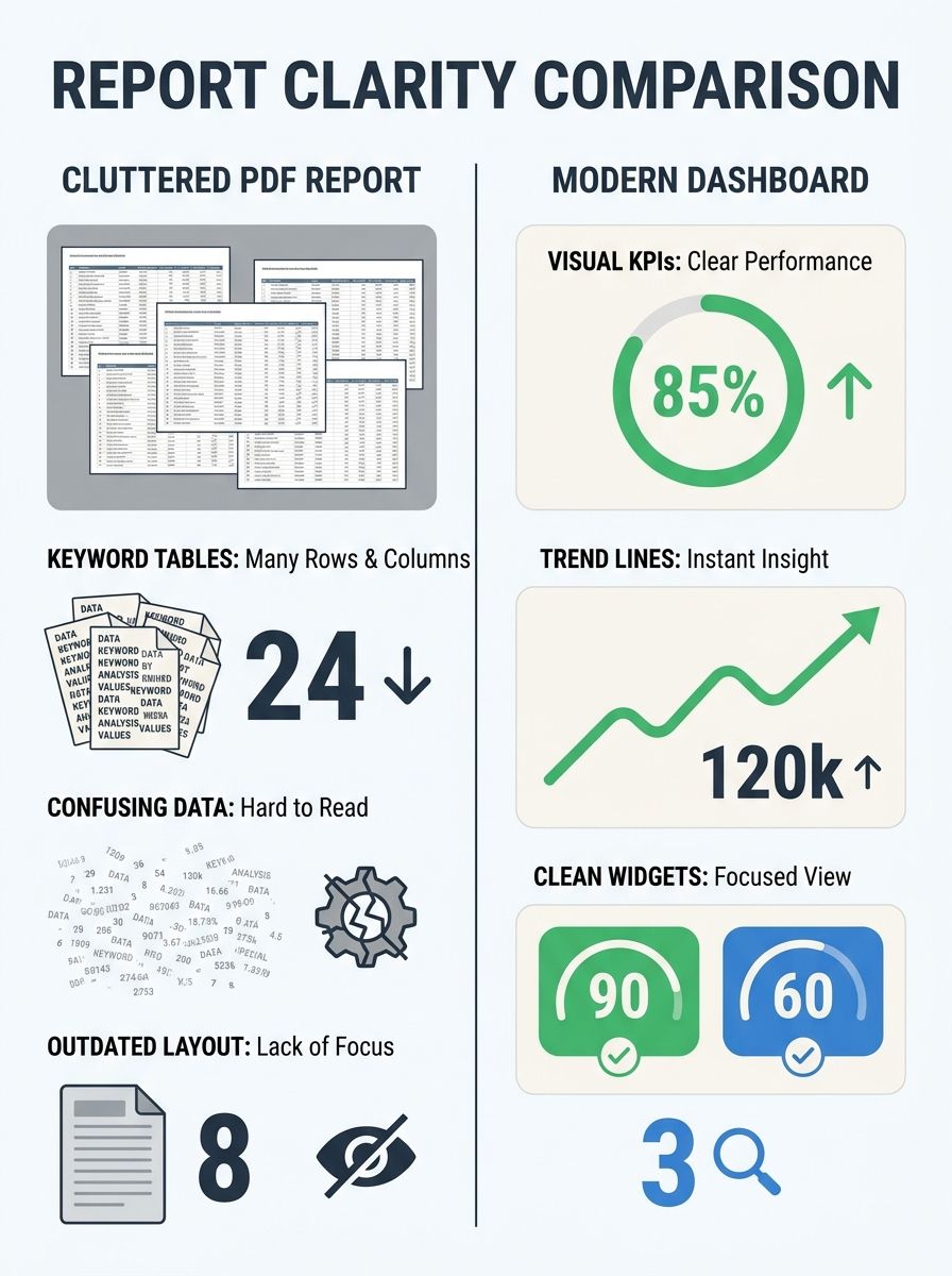 A side-by-side comparison showing a cluttered PDF report full of keyword tables versus a clean, modern dashboard with visual KPI widgets and trend lines