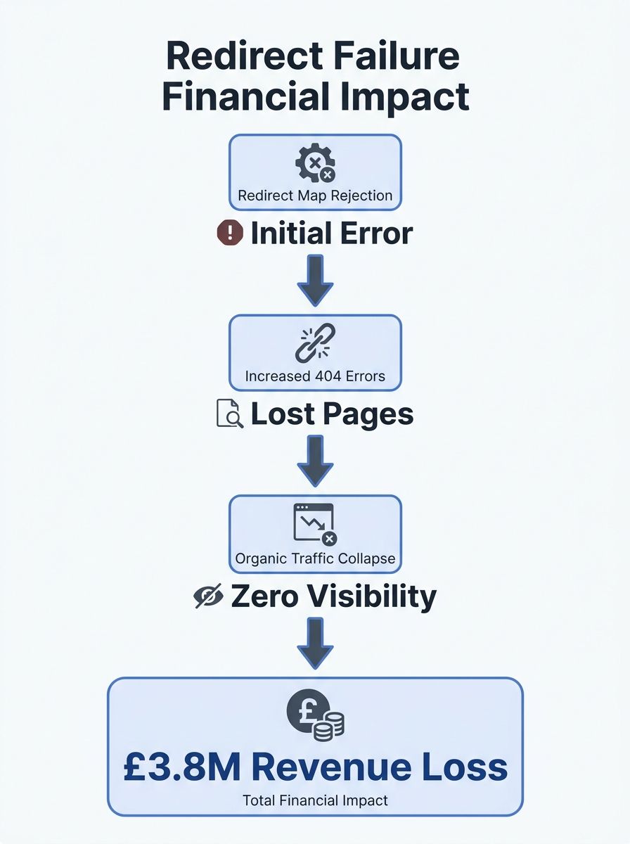 diagram showing the chain of failure from redirect map rejection to 404 errors to organic traffic collapse, with £3.8M revenue loss highlighted at the endpoint
